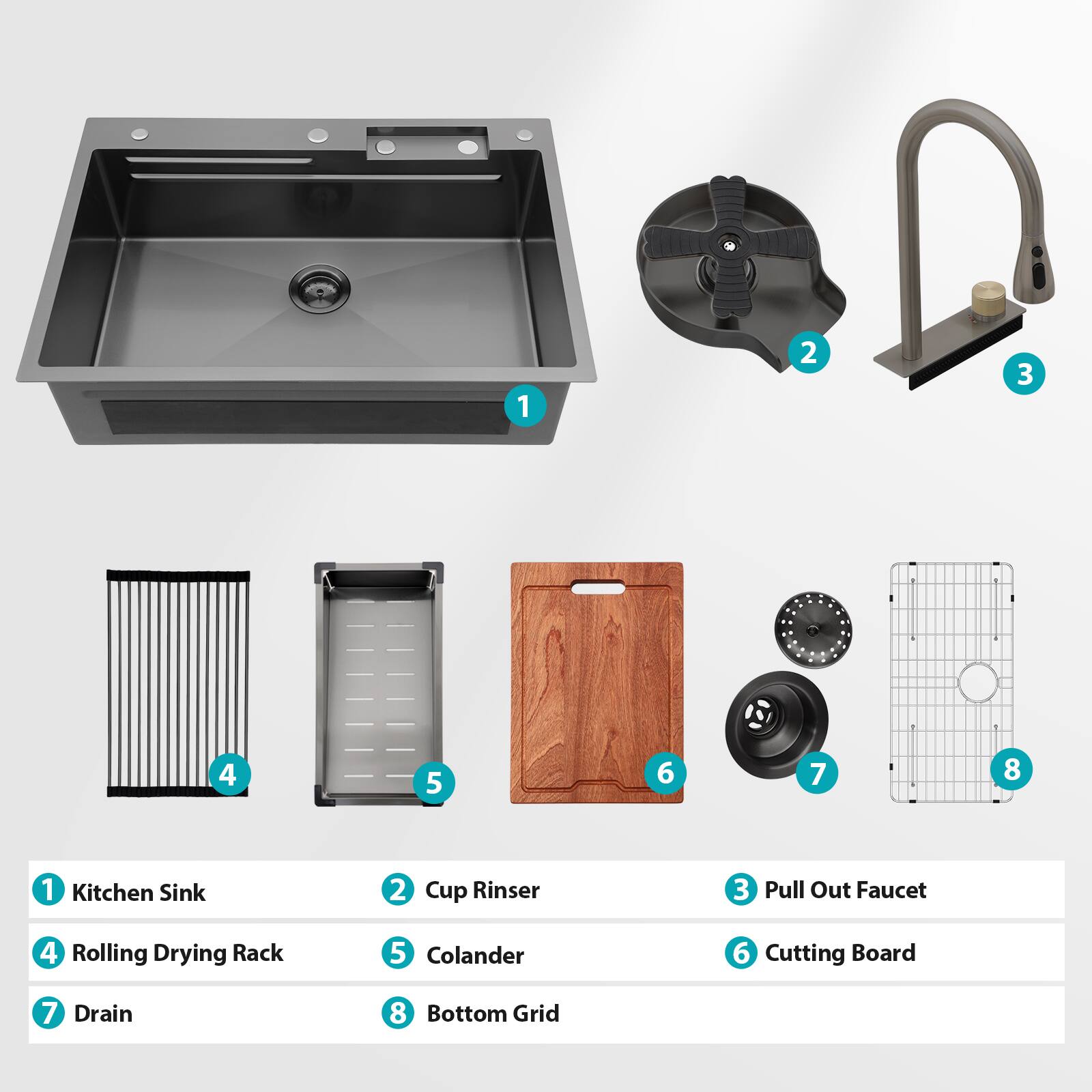 1. Kitchen Sink  
2. Cup Rinser  
3. Pull Out Faucet  
4. Rolling Drying Rack  
5. Colander  
6. Cutting Board  
7. Drain  
8. Bottom Grid