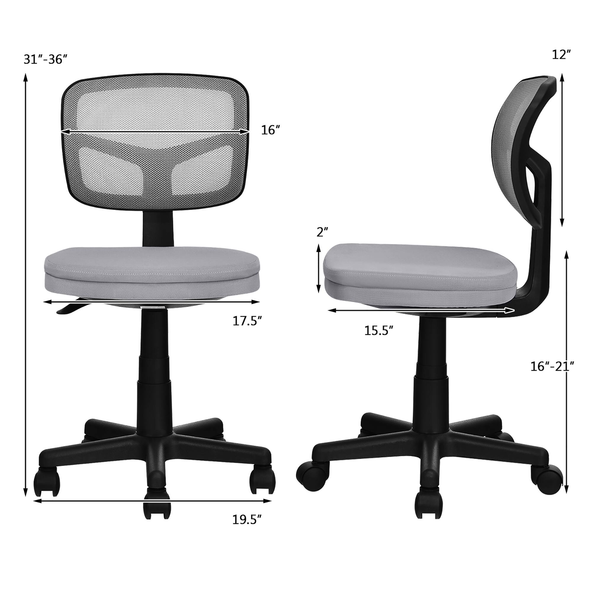 The image shows two chairs, one with a white cushion and the other with a black cushion. The chairs are placed next to each other, and their dimensions are labeled. The first chair has a cushion size of 16"-21", and the second chair has a cushion size of 19.5". The chairs are also accompanied by a measurement chart that shows the dimensions of the chairs.