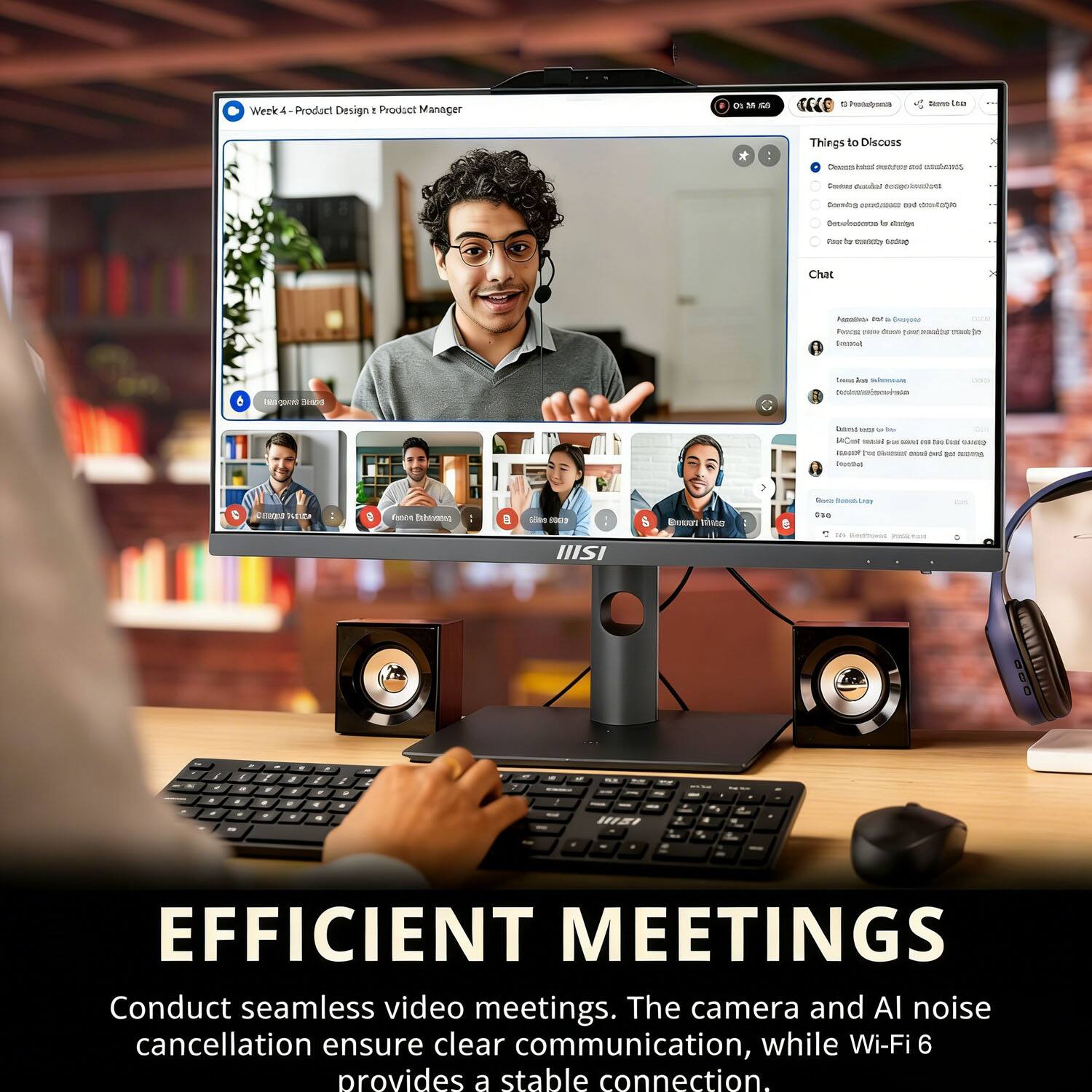 Week 4 - Product Design + Product Manager

Things to Discuss:
- Discuss the importance of user experience
- Review the latest design mockups
- Plan for the next sprint
- Discuss the integration of new features
- Review the project timeline

Chat:
- "Looking forward to the meeting!"
- "Can't wait to discuss the new design!"
- "Hope everyone is ready for the sprint planning."

EFFICIENT MEETINGS
Conduct seamless video meetings. The camera and AI noise cancellation ensure clear communication, while Wi-Fi 6 provides a stable connection.