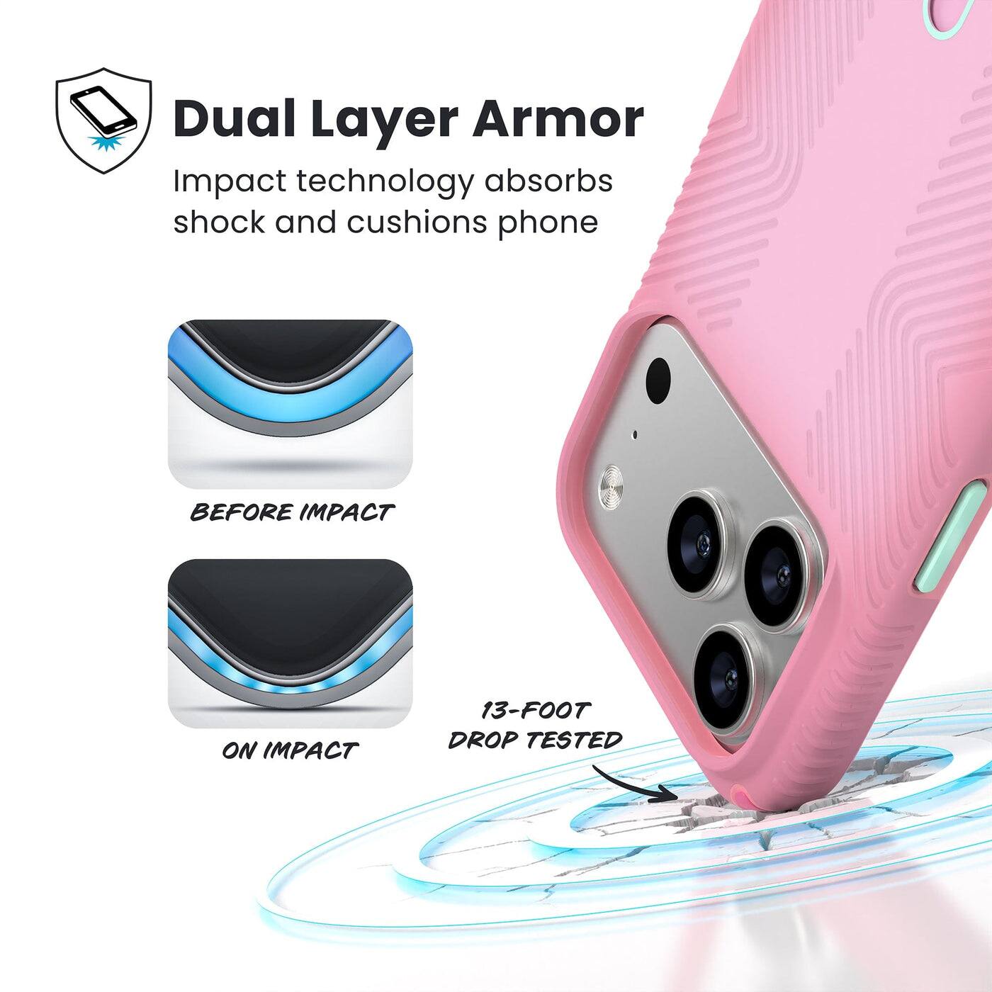 Dual Layer Armor  
Impact technology absorbs shock and cushions phone  

BEFORE IMPACT  
ON IMPACT  

13-FOOT DROP TESTED