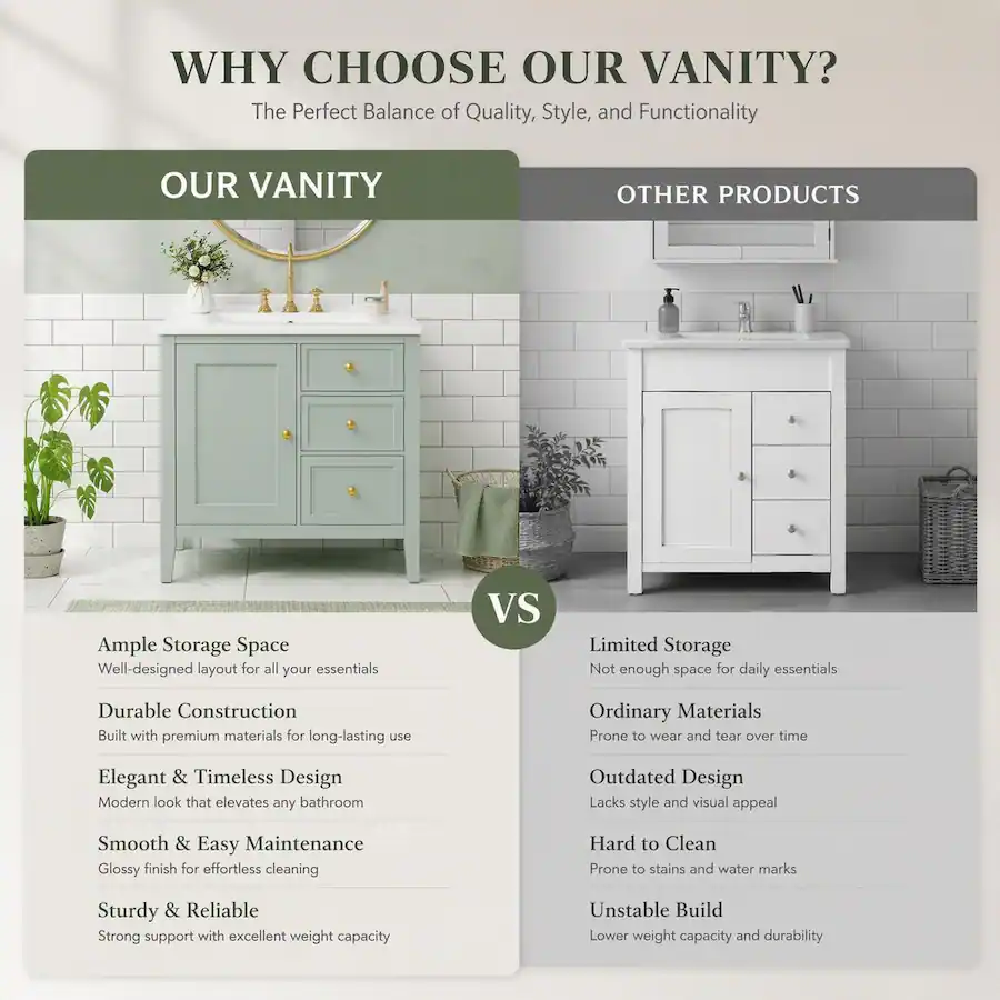 Bath Time Visual RYHNUYNE Green 30 Inch Bathroom Vanity with Ceramic Sink, 3 Drawers and ...