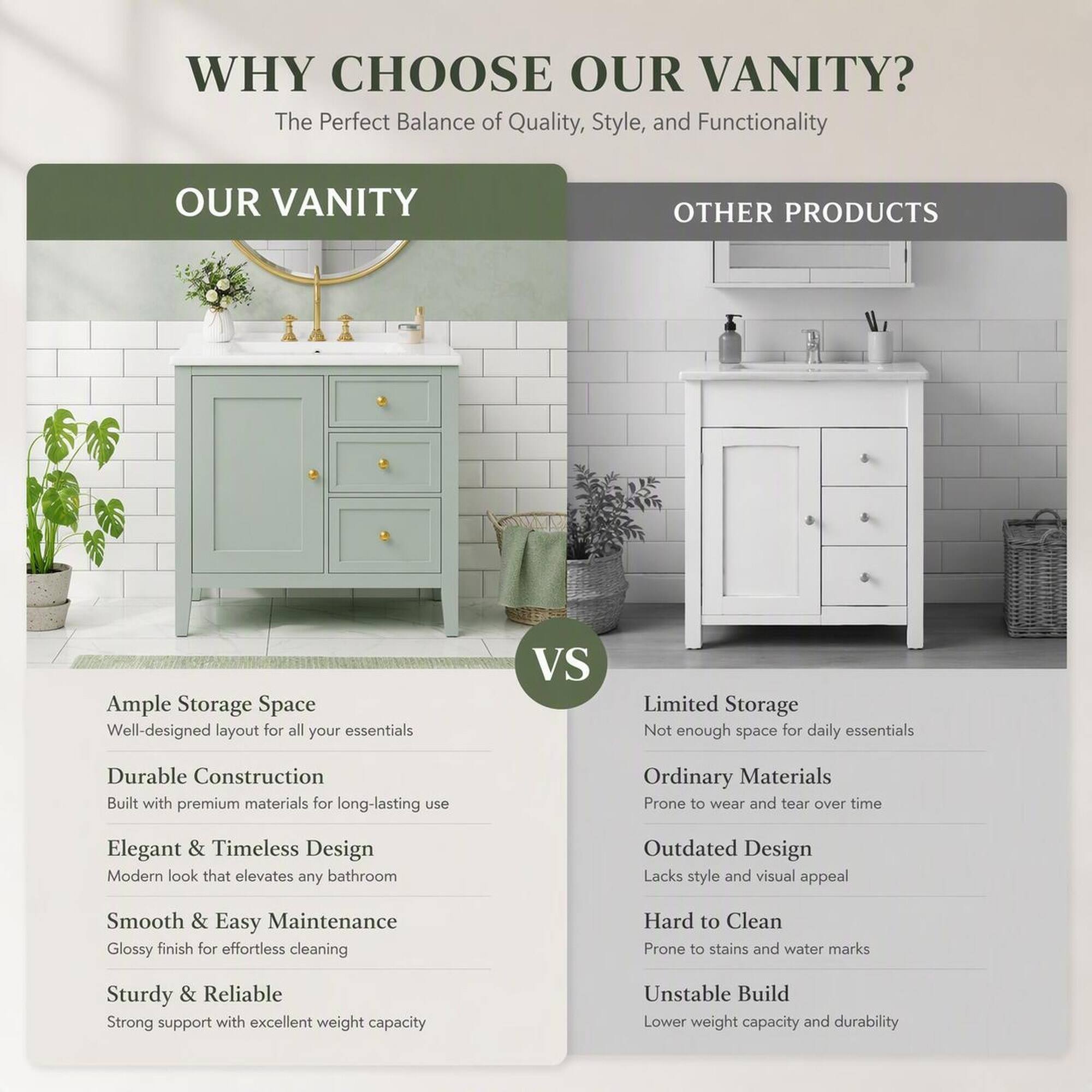 RYHNUYNE Green 30 Inch Bathroom Vanity with Ceramic Sink, 3 Drawers and ...