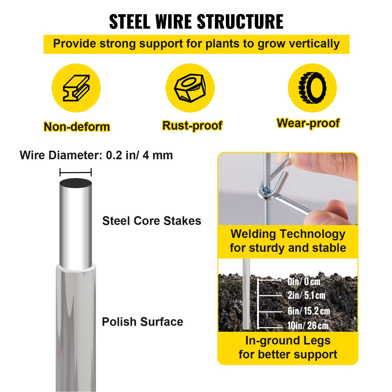 STEEL WIRE STRUCTURE
Provide strong support for plants to grow vertically
Non-deform
Rust-proof
Wear-proof
Wire Diameter: 0.2 in/ 4 mm
Steel Core Stakes
Welding Technology for sturdy and stable
Polish Surface
0in/ 0 cm
2in/ 5.1 cm
6in/ 15.2 cm
10in/ 26 cm
In-ground Legs for better support