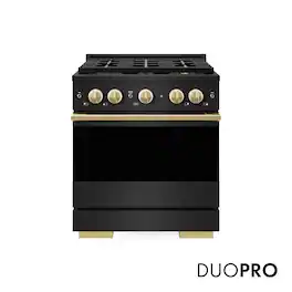 ZLINE - Autograph 30 in. 4.2 cu. ft. Marino Freestanding Manual Clean Gas Range with DuoPro Cooktop with Gold Accents - Black Stainless Steel