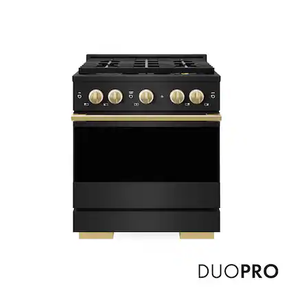 Front. ZLINE - Autograph 30 in. 4.2 cu. ft. Marino Freestanding Manual Clean Gas Range with DuoPro Cooktop with Gold Accents - Black Stainless Steel.