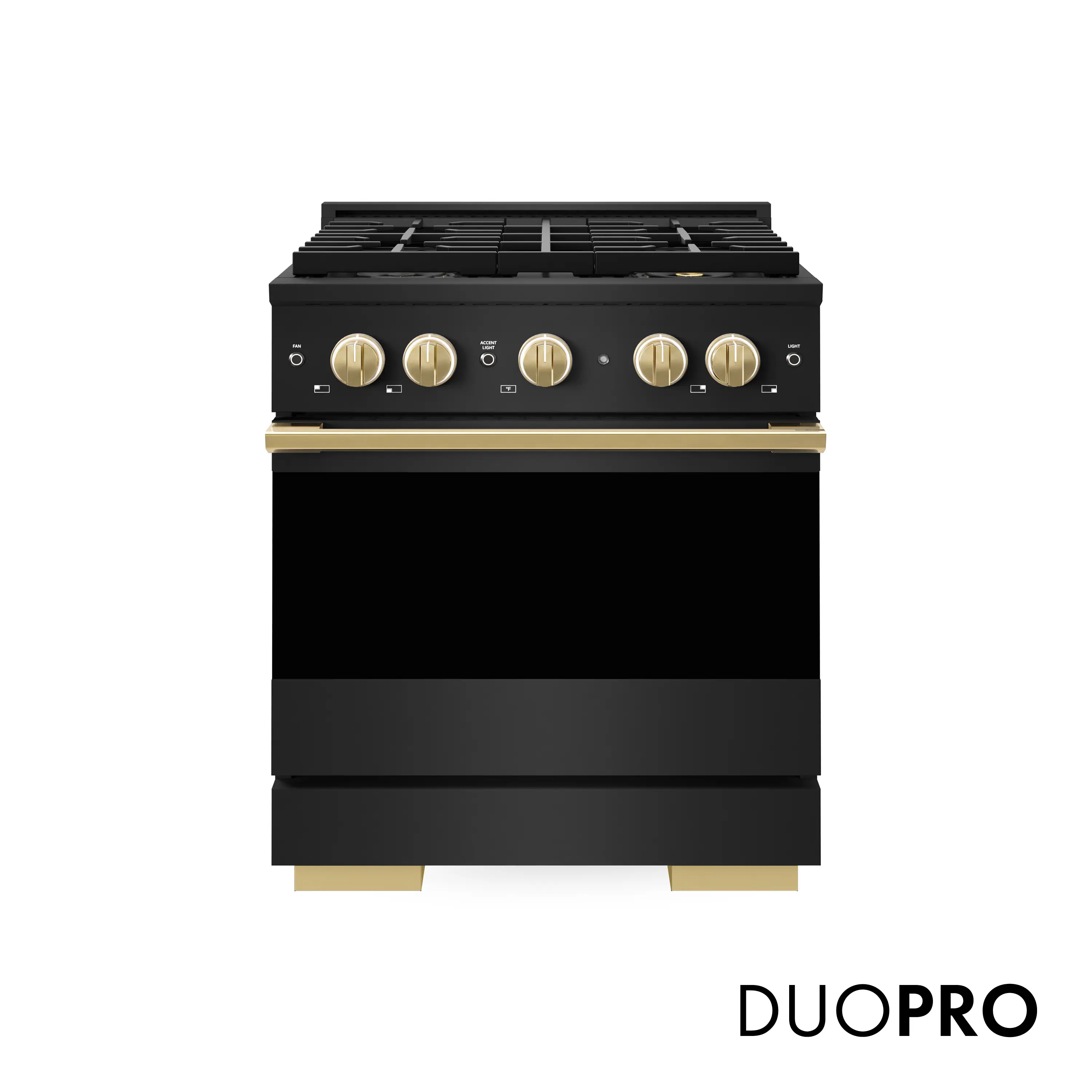 Front. ZLINE - Autograph 30 in. 4.2 cu. ft. Marino Freestanding Manual Clean Gas Range with DuoPro Cooktop with Gold Accents - Black Stainless Steel.