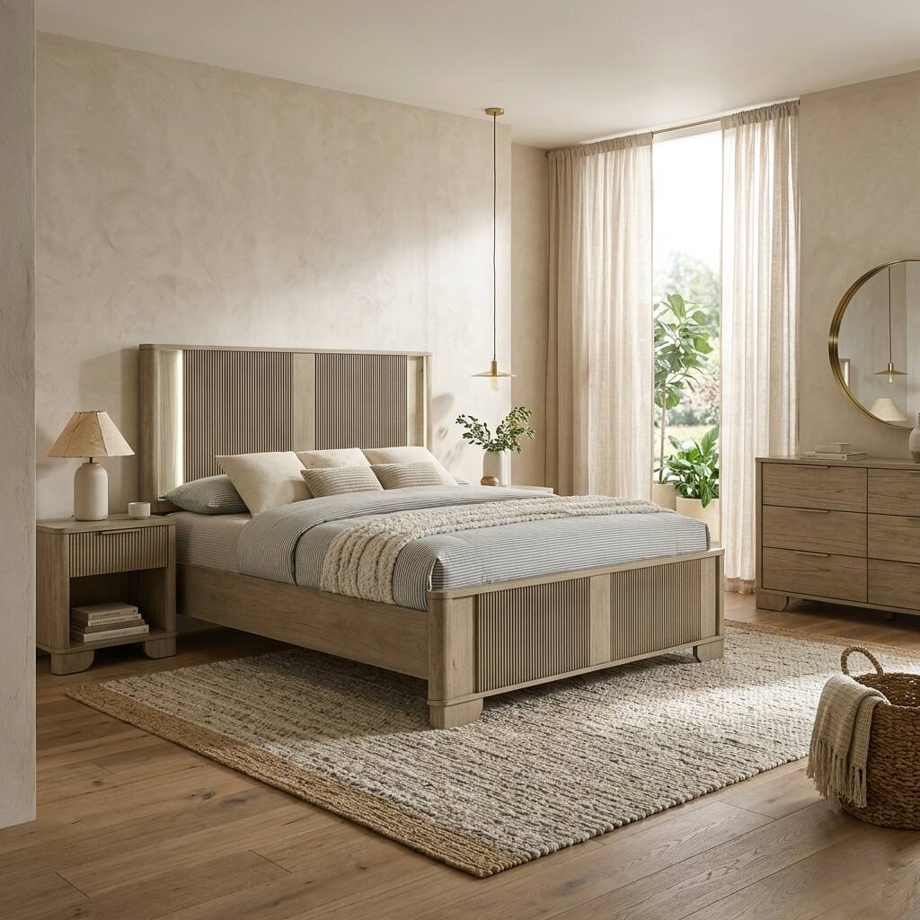 Front. Kings Brand Furniture - Kings Brand Furniture Sierra White Oak Modern Fluted Queen Bed with LED Headboard - White Oak.