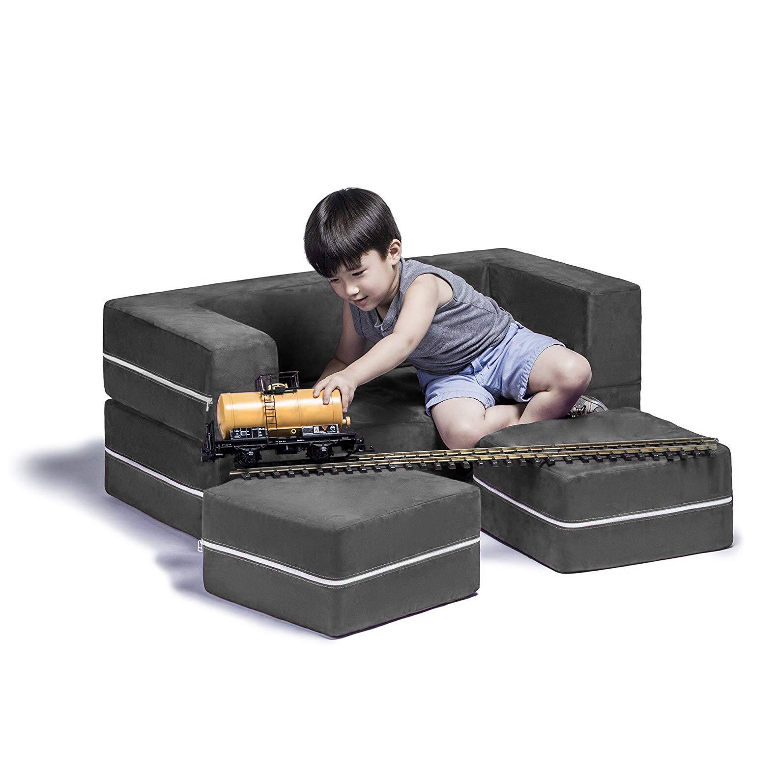 Left. Jaxx - Jaxx Zipline Kids Modular Loveseat & Ottomans/Fold Out Lounger, Charcoal - Charcoal.
