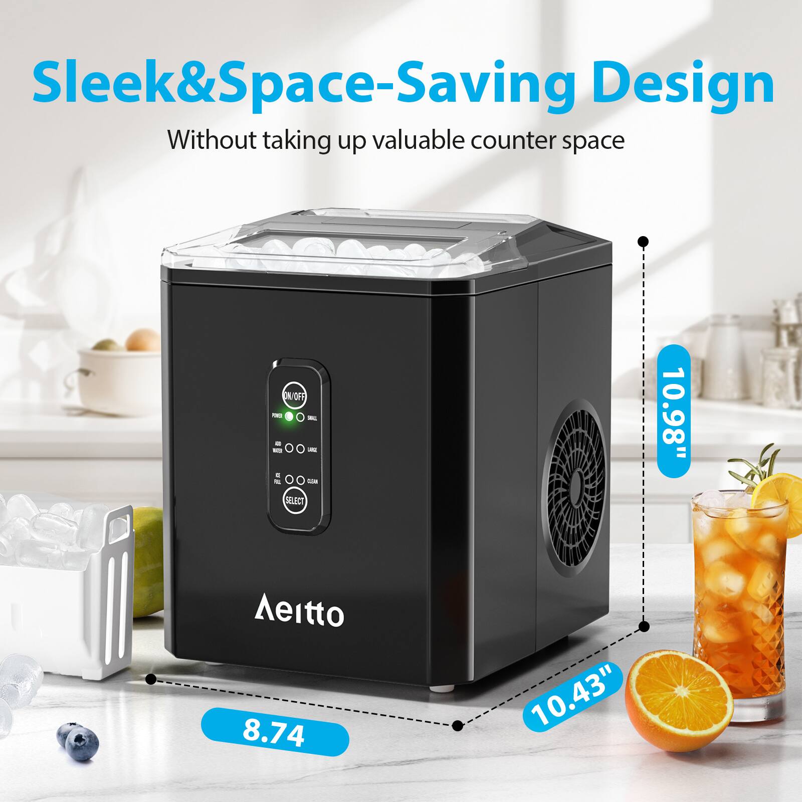 Sleek & Space-Saving Design  
Without taking up valuable counter space  

10.98"  
8.74"  
10.43"