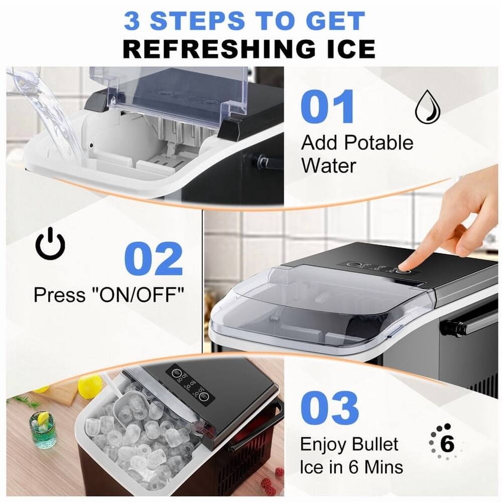 3 STEPS TO GET REFRESHING ICE

01 Add Potable Water

02 Press "ON/OFF"

03 Enjoy Bullet Ice in 6 Mins