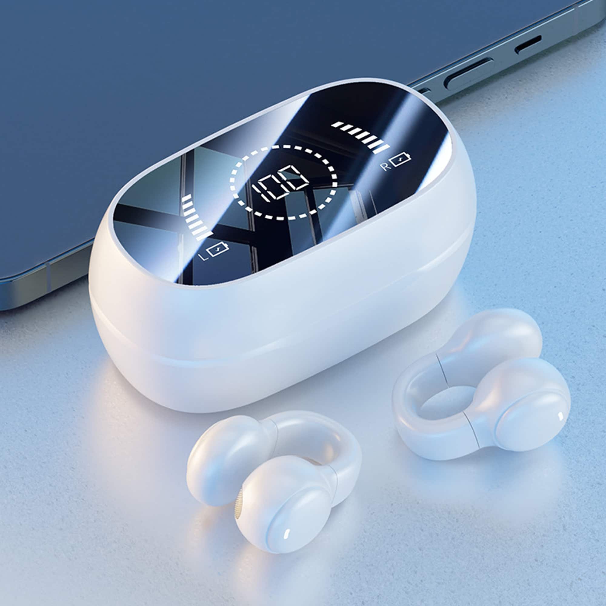 YONWAY - Ear Clip Bluetooth Headphone, Wireless On Ear Earphones with Mirror Digital Power Display USB C Charge case for Sport