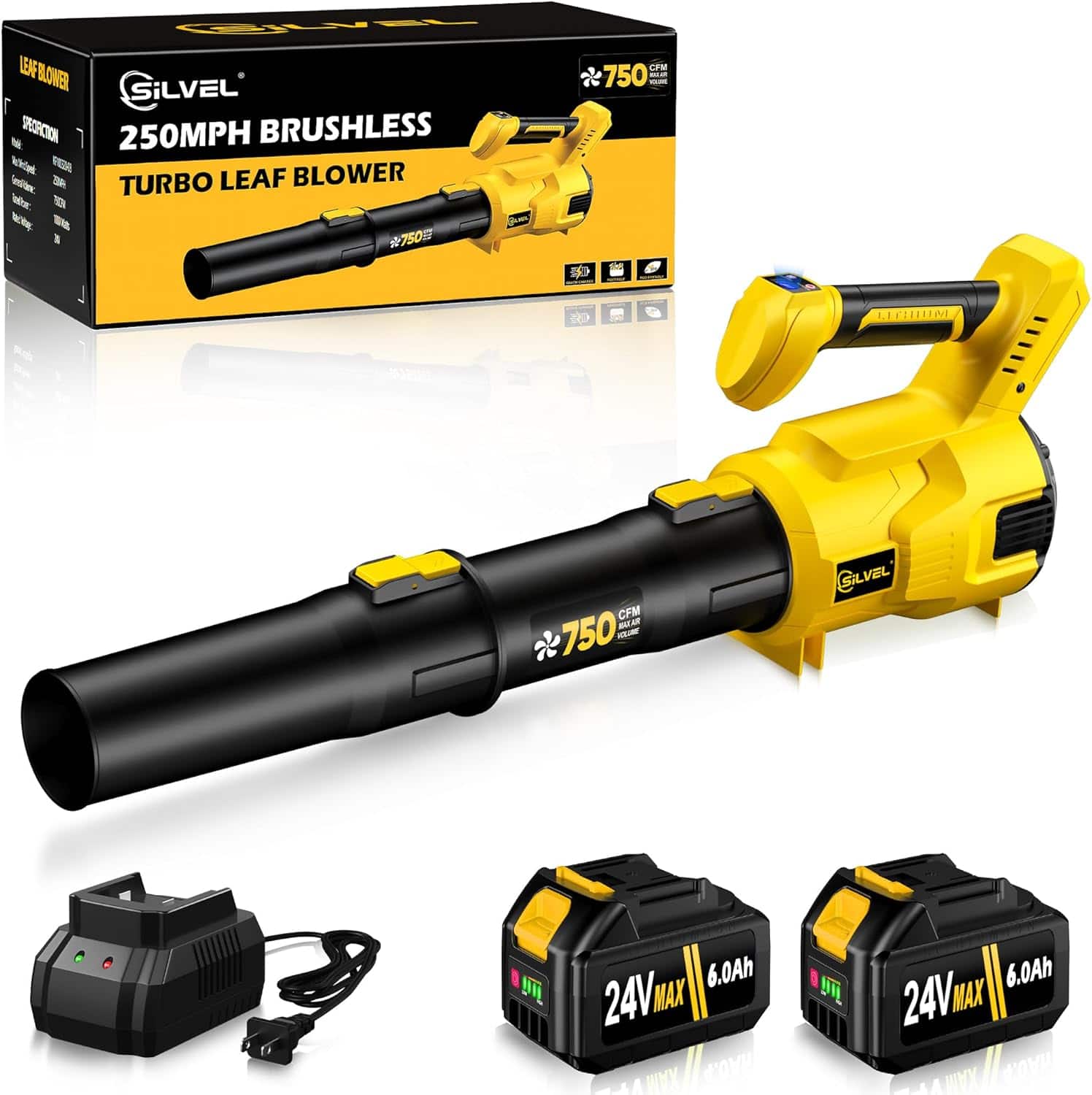 Silvel - Cordless Leaf Blower, 750CFM (250MPH) High Power Turbo Blowers, with 2x6.0Ah Battery and Quick Charger - Yellow