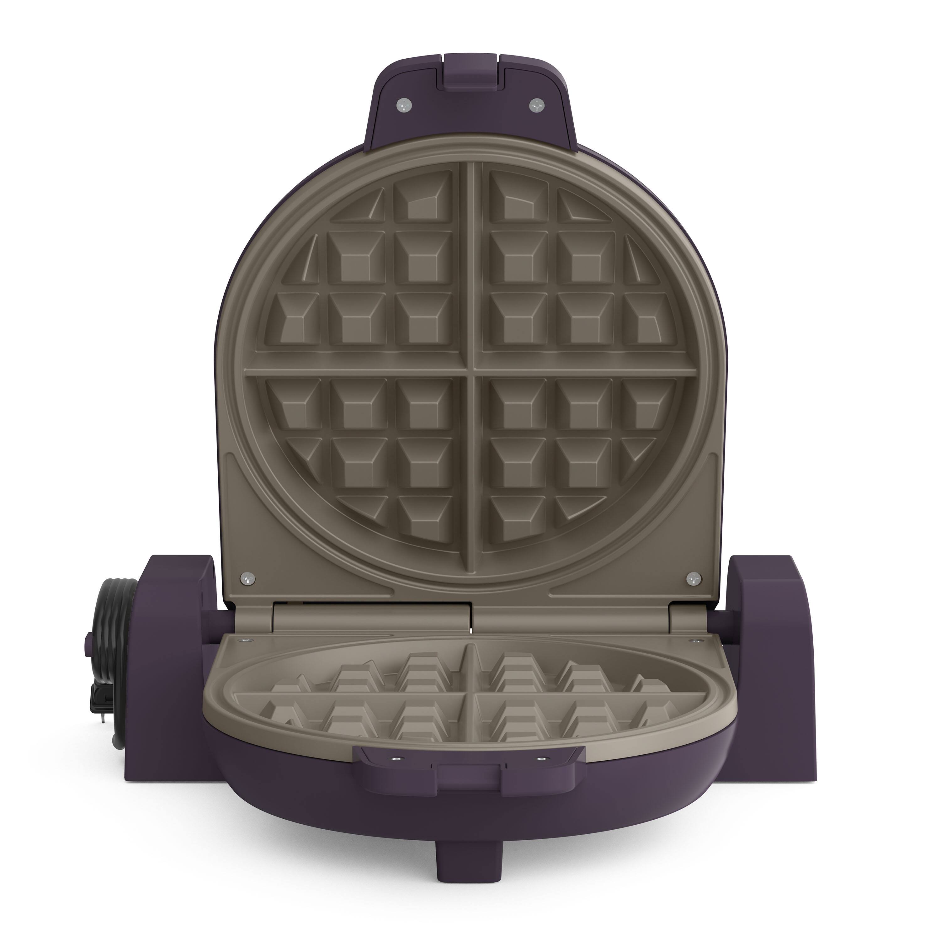 Angle. Bella - Fits-anywhere Kitchenware: Flip & Store Belgian Waffle Maker - Plum.