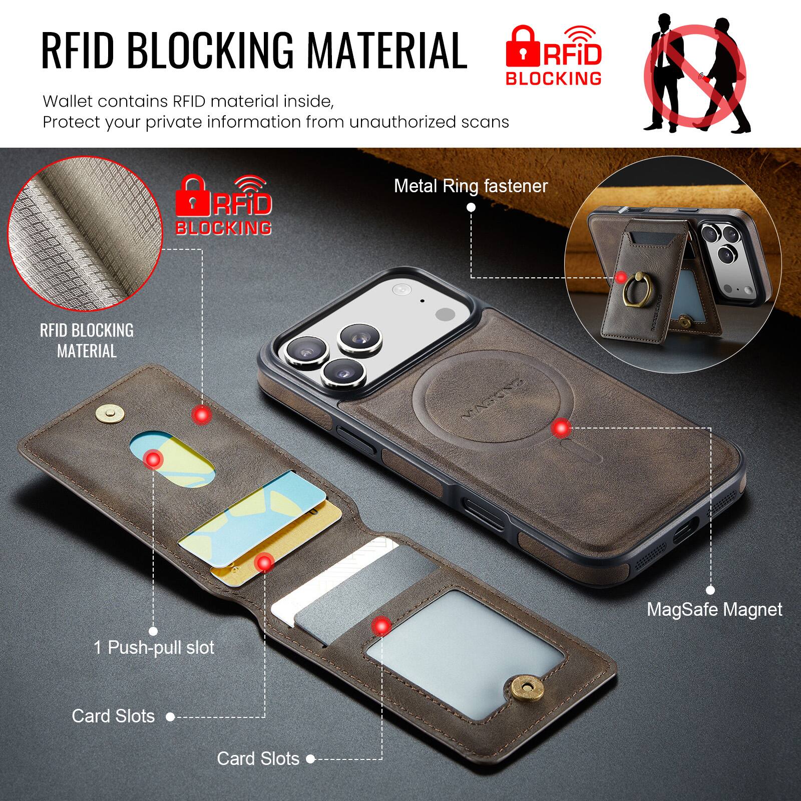 RFID BLOCKING MATERIAL

Wallet contains RFID material inside, Protect your private information from unauthorized scans

RFID BLOCKING MATERIAL

RFiD BLOCKING Wallet contains RFID material inside, Protect your private information from unauthorized scans

RFiD BLOCKING Metal Ring fastener

RFID BLOCKING MATERIAL

MAGKNO

MagSafe Magnet

1 Push-pull slot

Card Slots

Card Slots