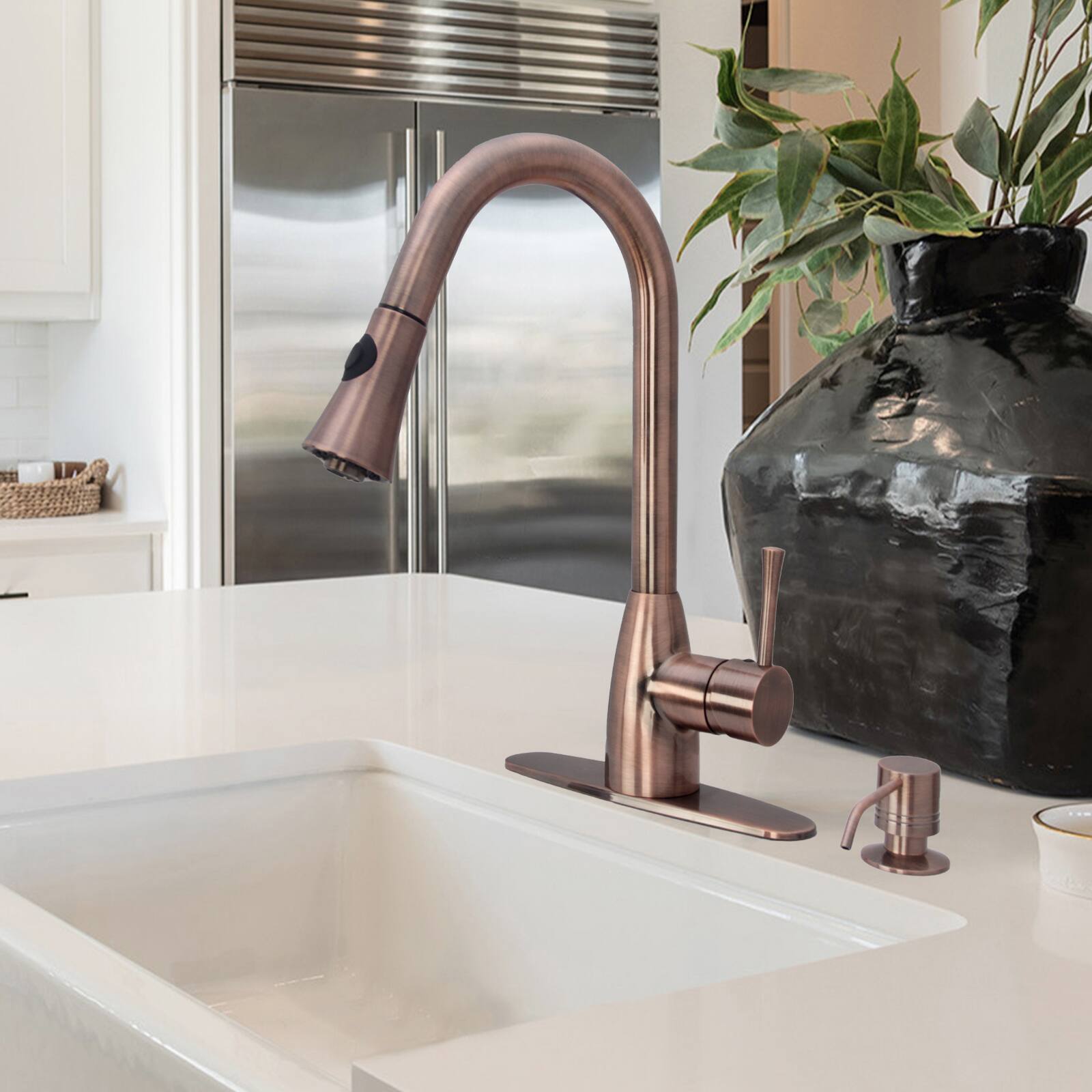 Alt View 2. Akicon - Akicon Brass Built-in Soap Dispenser for Kitchen Sink Refill from Top with 17 oz. Bottle in Antique Copper - Antique Copper.