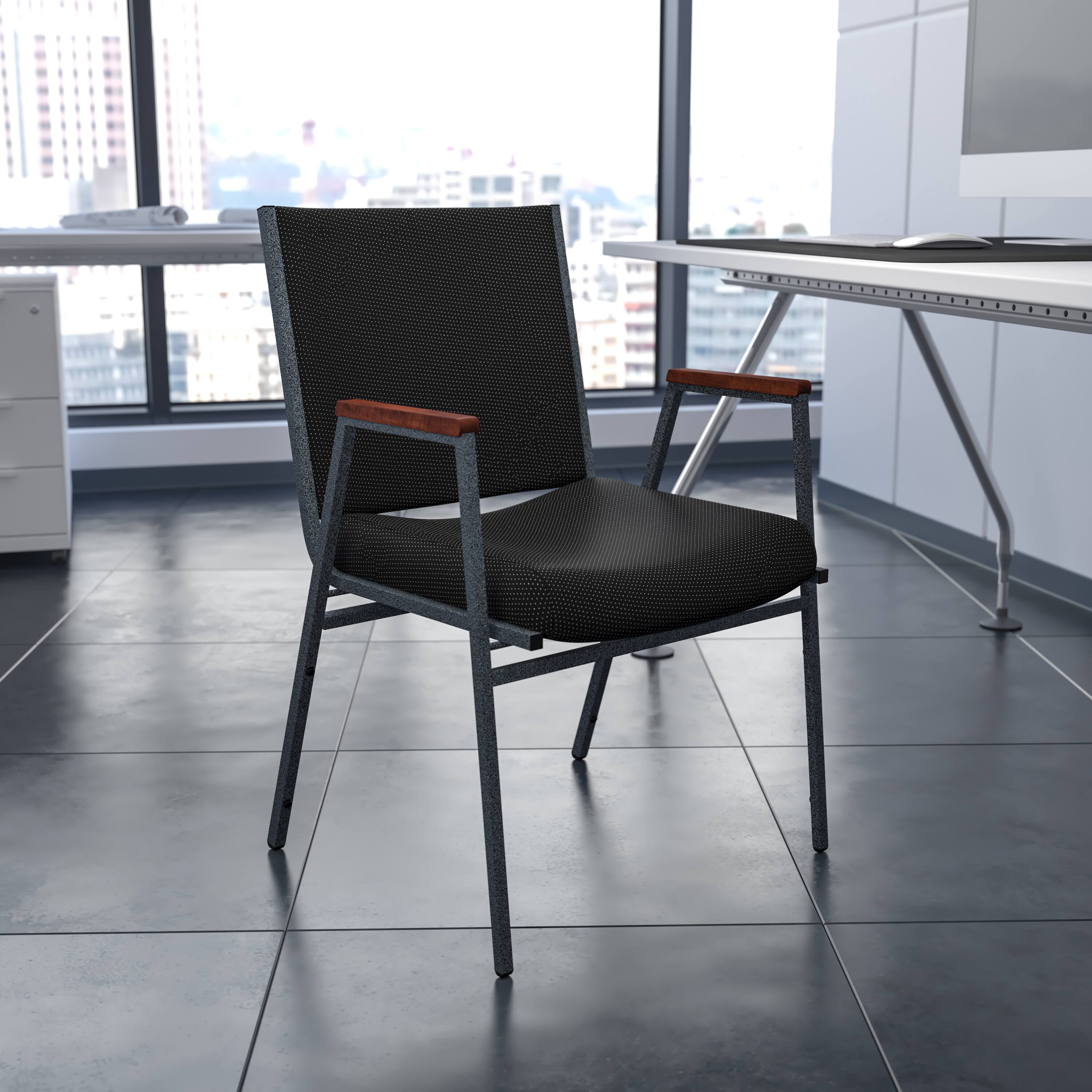 Alt View 1. Emma + Oliver - Heavy Duty Reception/Guest Stack Chair with Arms - Black Patterned Fabric.
