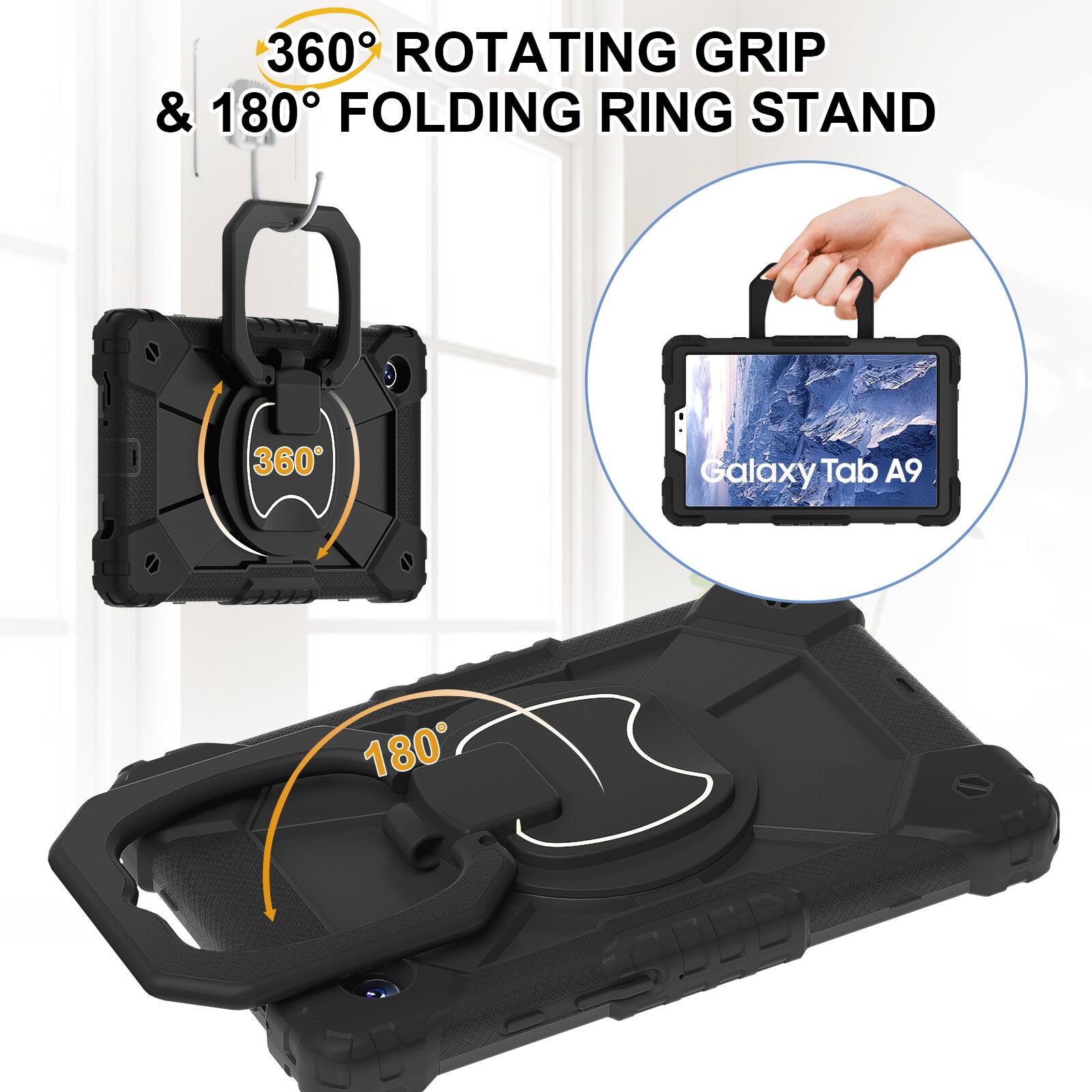 360° Rotating Grip & 180° Folding Ring Stand  
Galaxy Tab A9