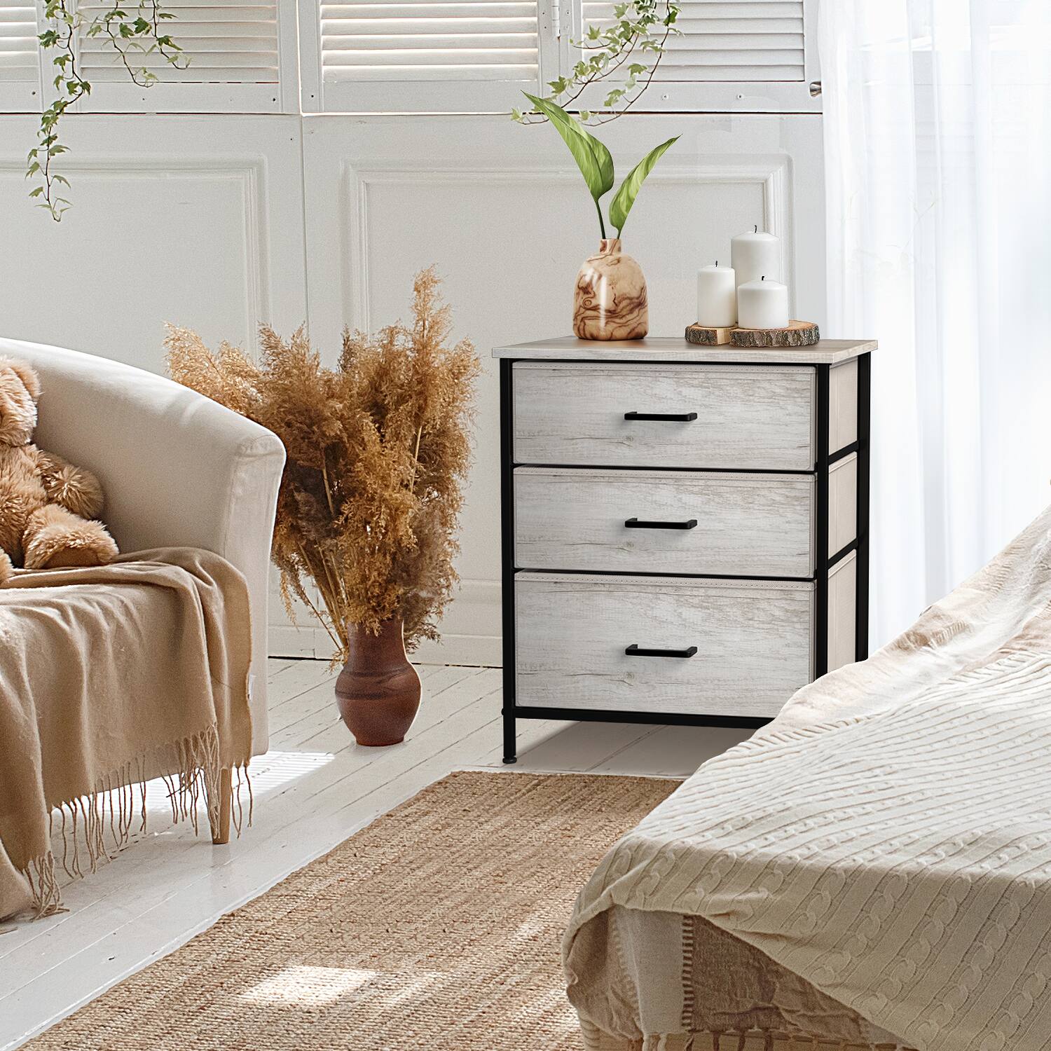 Angle. Sorbus - Sorbus Nightstand with 3 Drawers - Steel Frame, Wood Top &Fabric Bins -Home, Bedroom, Office & College Dorm - Rustic beige.