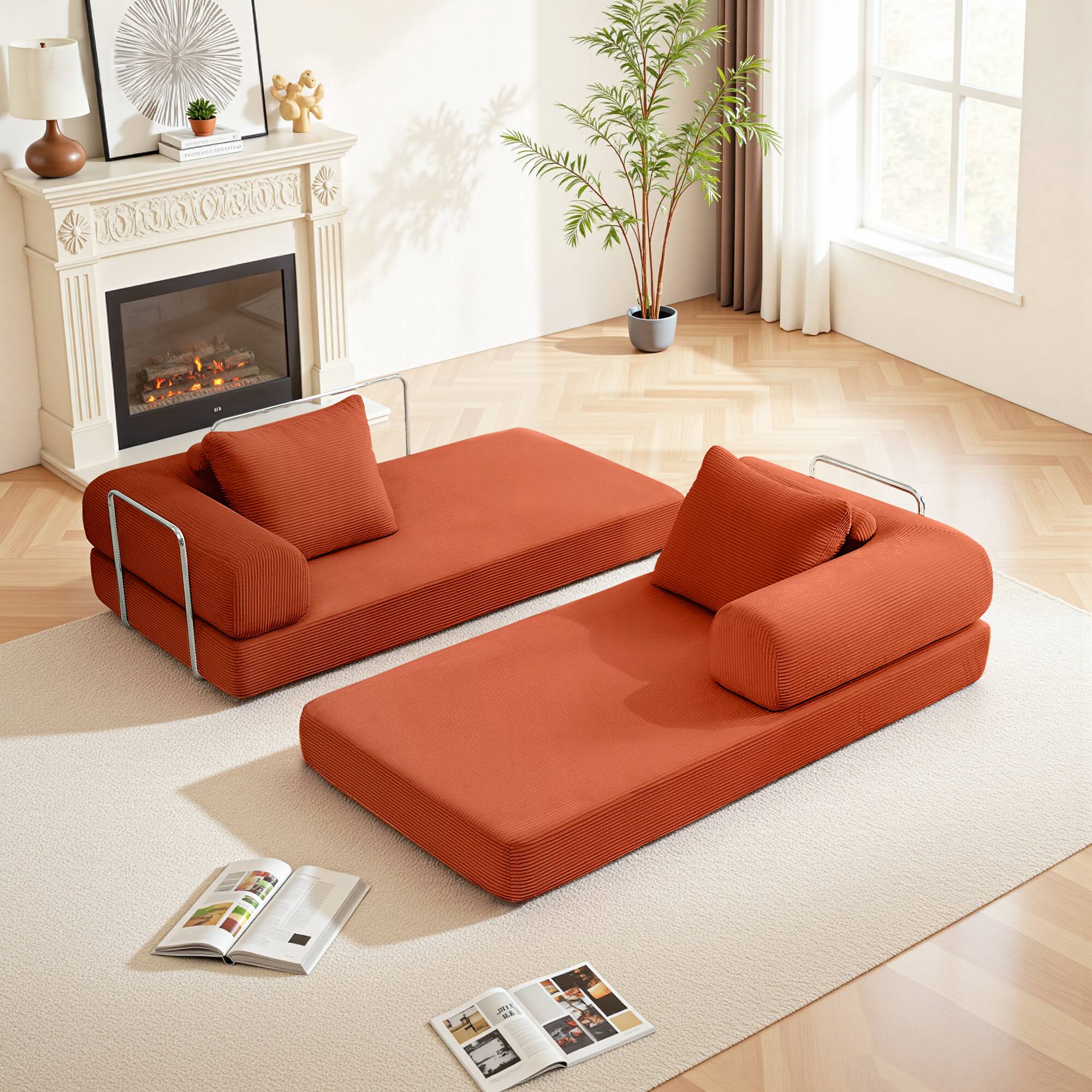 Alt View 7. KERDOM - 63'' W Convertible Floor Sofa Bed, Corduroy Modular Floor Couch with Pillow Back, Folding Couch Sleeper for Living Room - Reddish Brown.