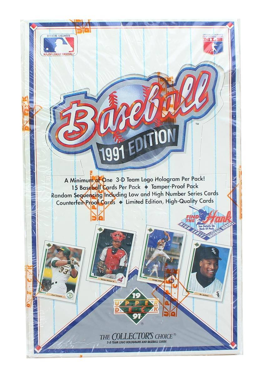 **Baseball 1991 Edition**

**Official Licensee**  
**Major League Baseball**

A Minimum of One 3-D Team Logo Hologram Per Pack!  
15 Baseball Cards Per Pack  
Tamper-Proof Pack  
Random Sequencing Including Low and High Number Series Cards  
Counterfeit-Proof Cards  
Limited Edition, High-Quality Cards

**Find Hank the High Series Baseball Heroes**

**The Collector's Choice**  
3-D Team Logo Holograms and Baseball Cards