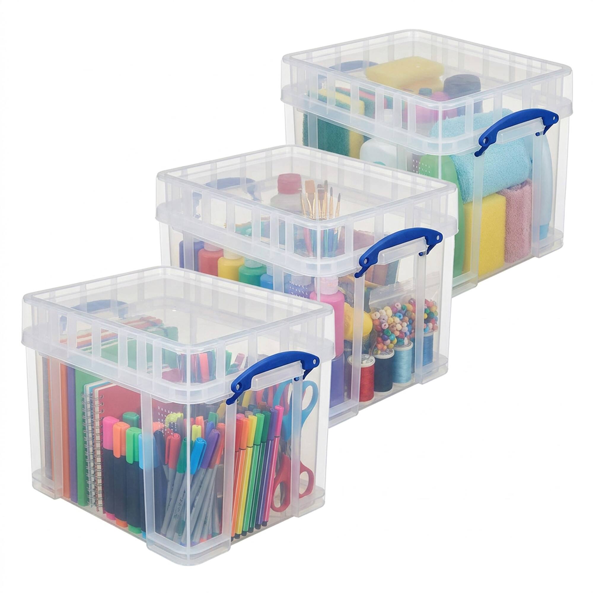 Front. Really Useful Box - Really Useful Box 35 Liters Transparent Storage Container with Snap Lid, 3 Pack - Clear.