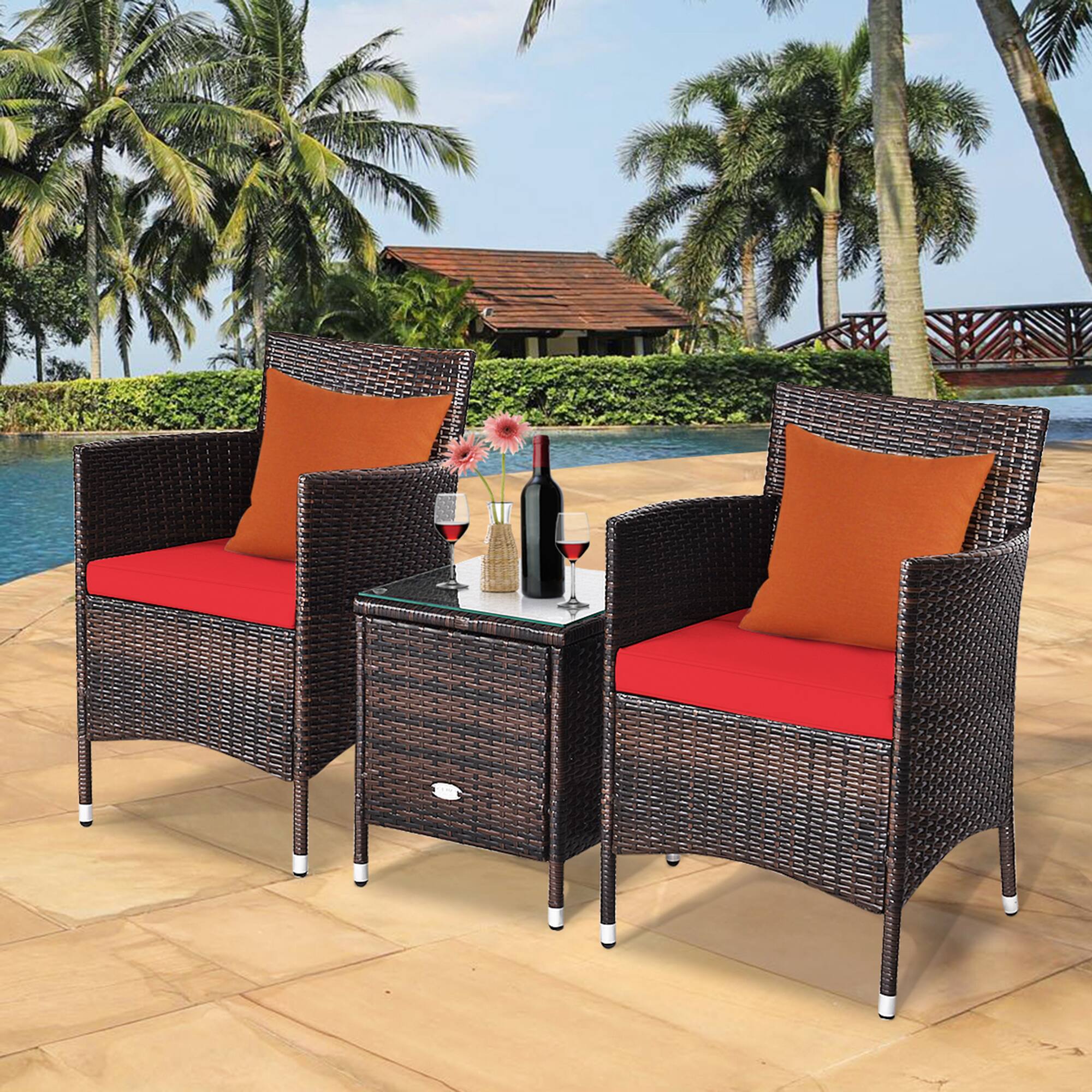 Alt View 3. Gymax - Gymax 3PCS Patio Rattan Chair & Table Furniture Set Outdoor w/ Red Cushion - Red.