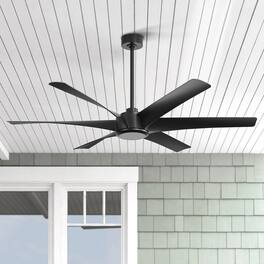 Breezary - 65" Large Indoor Ceiling Fan with Remote Control, 6 ABS Blades, 6-Speed DC Motor, 7"/12" Downrods, Light/No Light Option - Matte Black (Without Light)