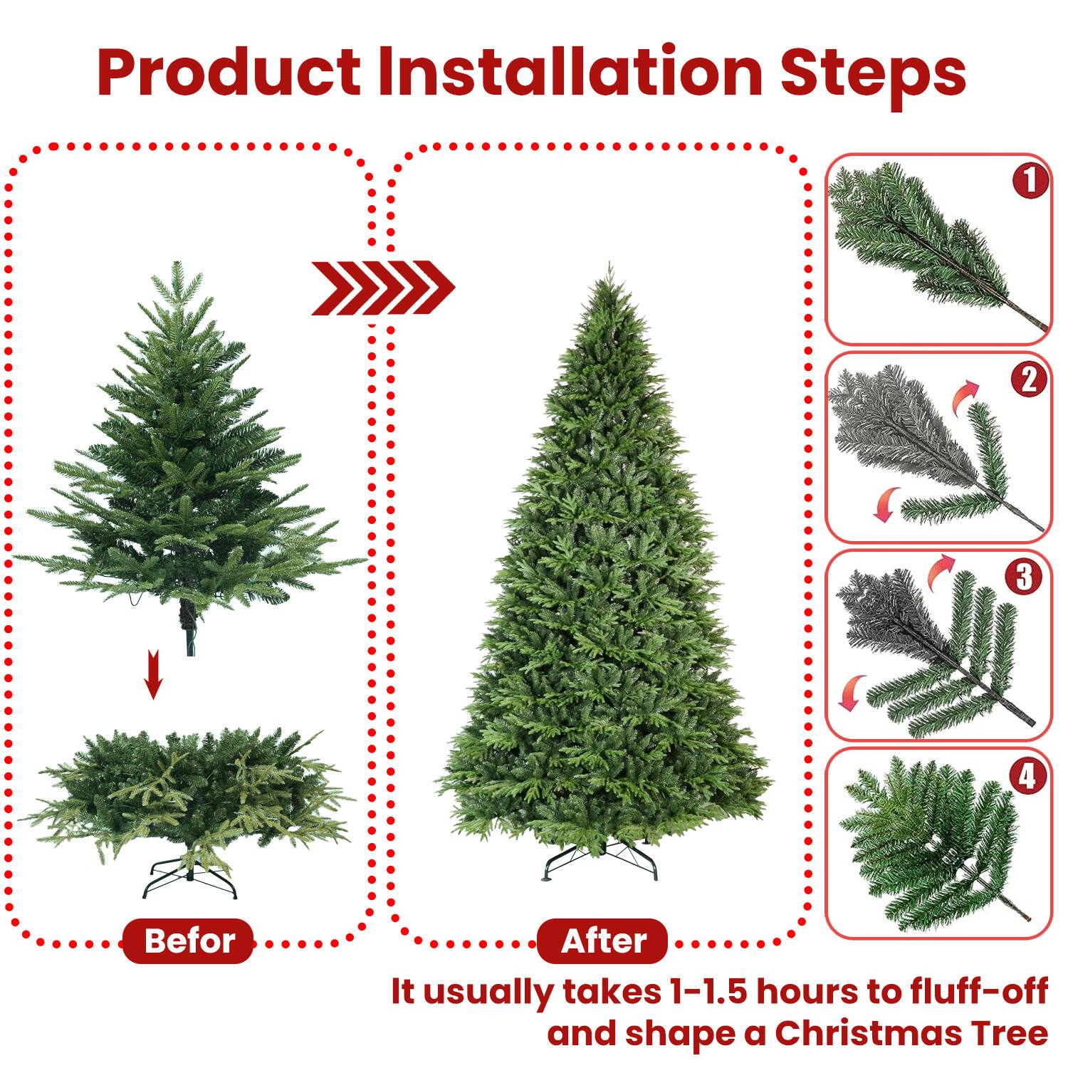Product Installation Steps

Before After

It usually takes 1-1.5 hours to fluff-off and shape a Christmas Tree