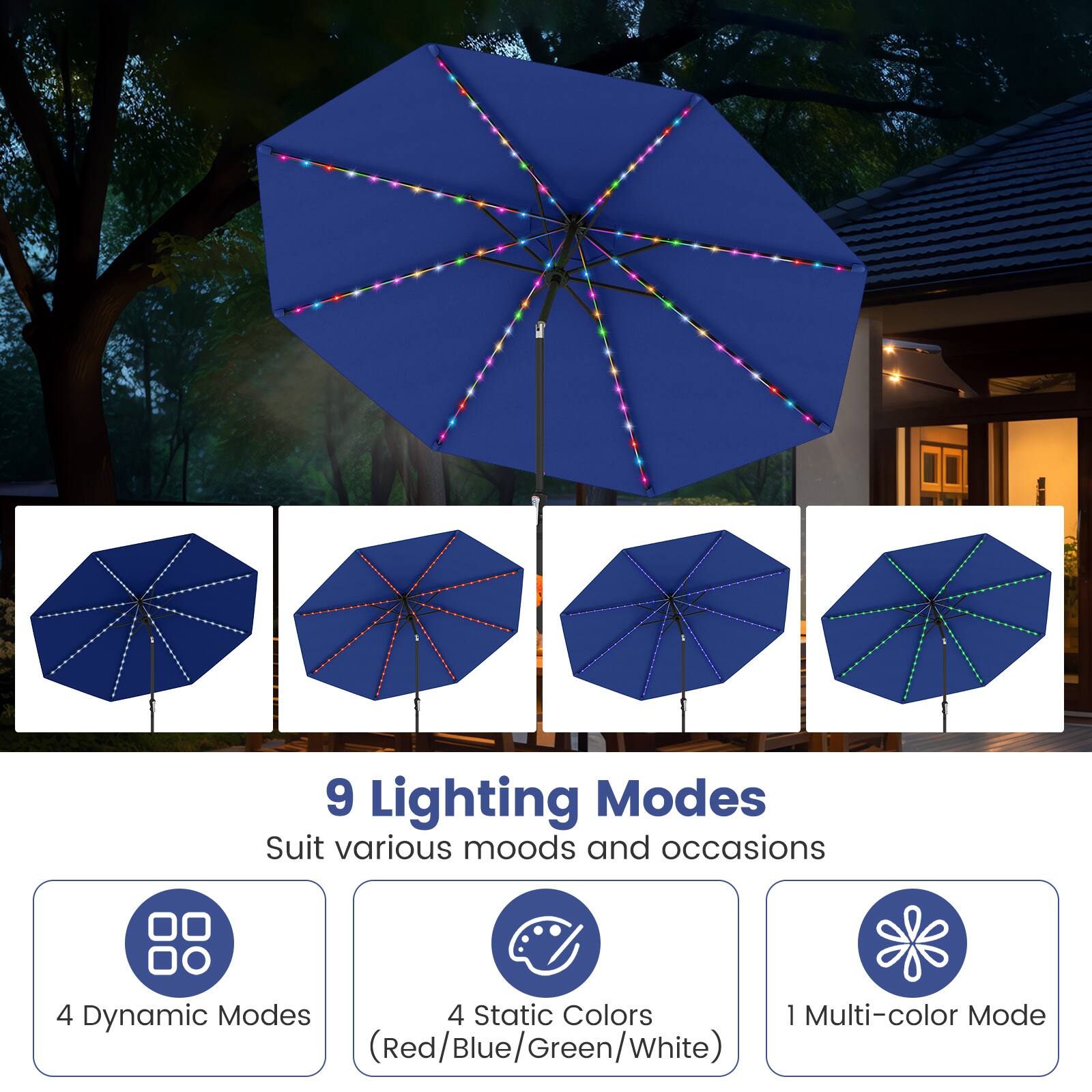 9 Lighting Modes  
Suit various moods and occasions  

4 Dynamic Modes  
4 Static Colors (Red/Blue/Green/White)  
1 Multi-color Mode