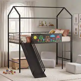 Costway - Twin Size House-Shaped Bed Frame with Slide Chalkboard & Metal Slats for Bedroom Dormitory - Black