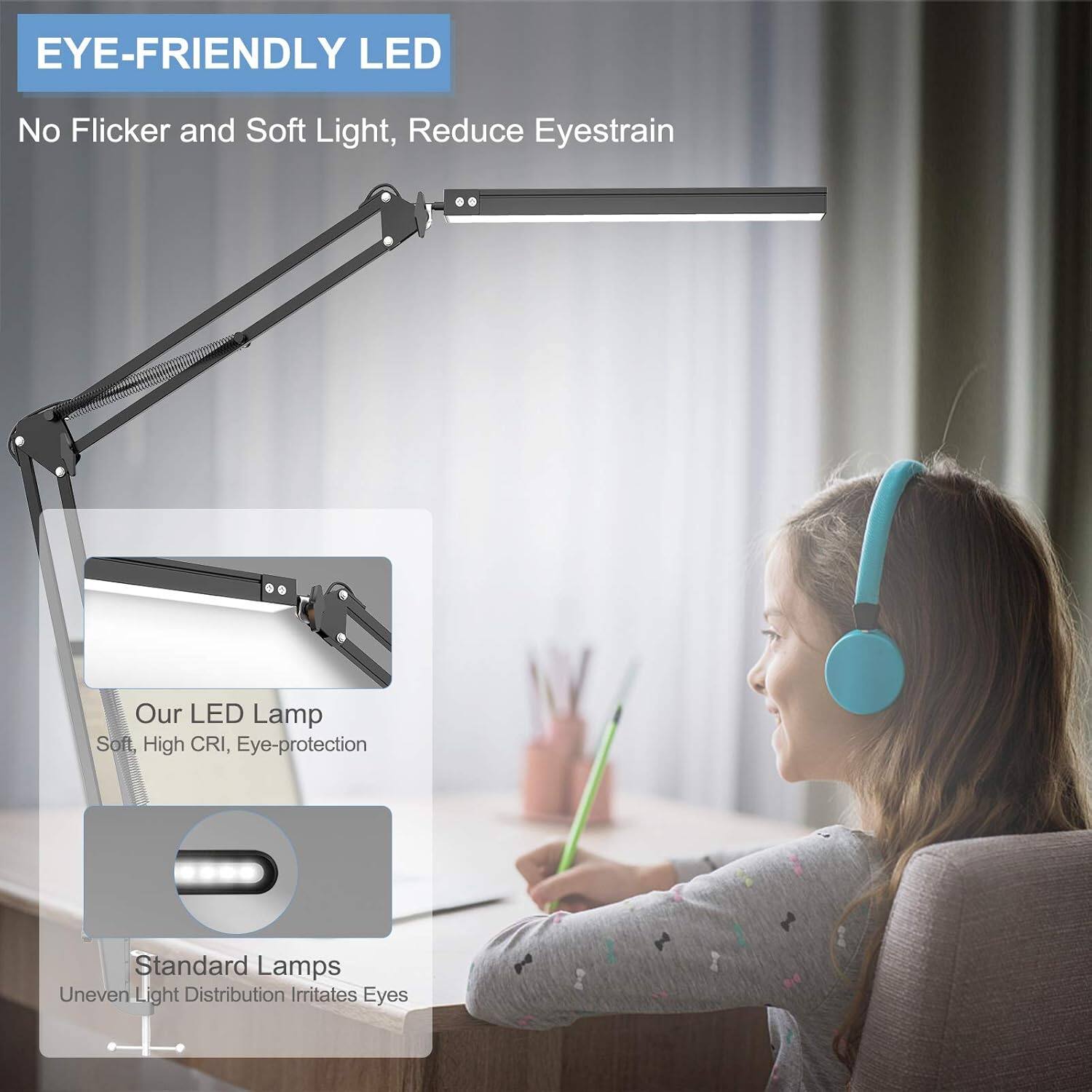 EYE-FRIENDLY LED  
No Flicker and Soft Light, Reduce Eyestrain  

Our LED Lamp  
Soft, High CRI, Eye-protection  

Standard Lamps  
Uneven Light Distribution Irritates Eyes
