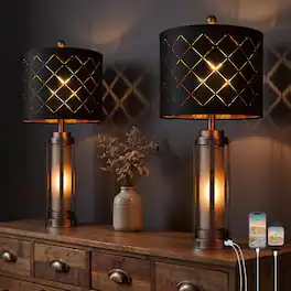 partphoner - 27'' Modern Table Lamp Set of 2 with Nightlight, Metal Material, Bedroom lamp - Amber-colored