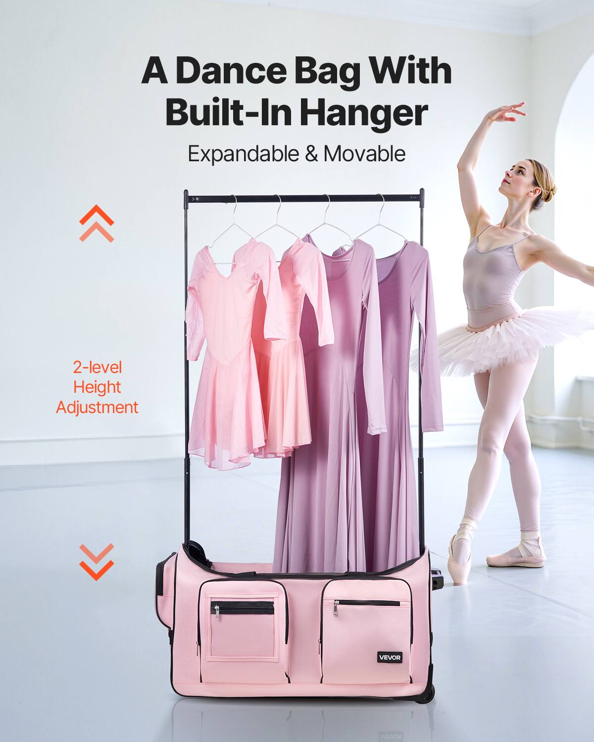 A Dance Bag With Built-In Hanger  
Expandable & Movable  

2-level Height Adjustment