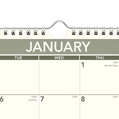 JANUARY
TUE WED THU
1/364 1 New Year's Day
6/359 6 Epiphany
7/358 7
8/357 8