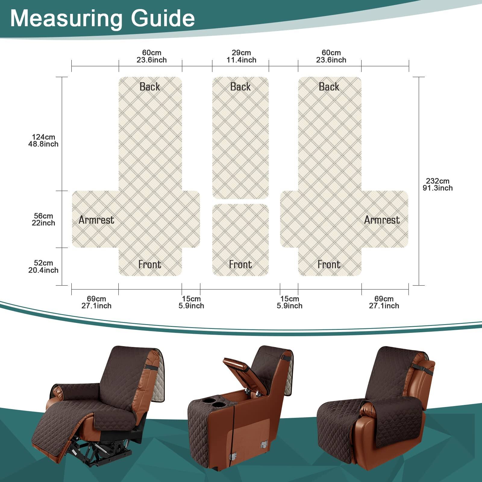 Measuring Guide

- Back: 60cm (23.6inch)
- Armrest: 52cm (20.4inch)
- Front: 69cm (27.1inch)
- Back: 29cm (11.4inch)
- Armrest: 56cm (22inch)
- Front: 15cm (5.9inch)
- Back: 60cm (23.6inch)
- Armrest: 52cm (20.4inch)
- Front: 69cm (27.1inch)
- Total Length: 232cm (91.3inch)
- Total Height: 124cm (48.8inch)