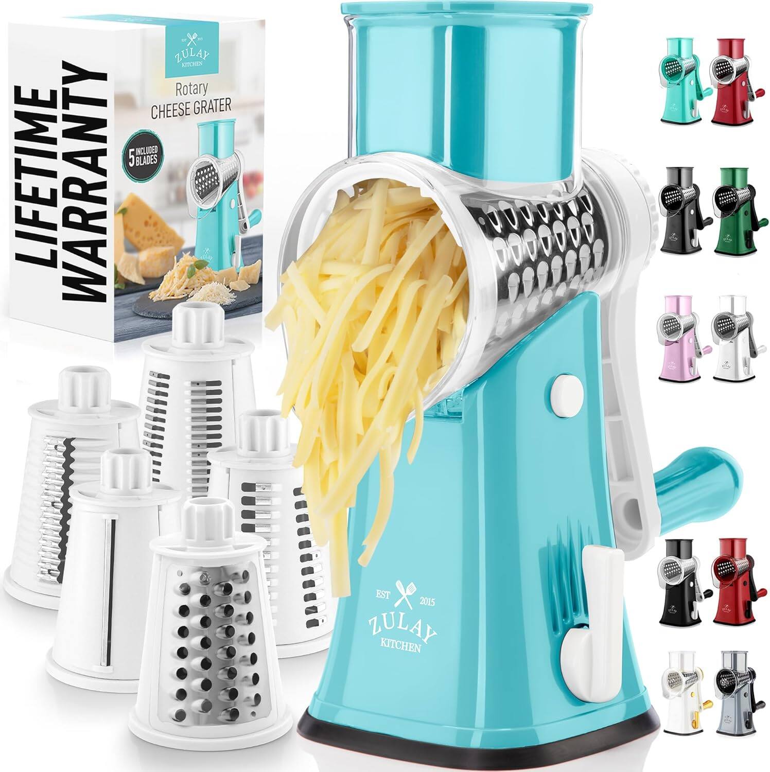 LIFETIME WARRANTY  
ZULAY KITCHEN  
Rotary Cheese Grater  
5 Included Blades  
EST 2015