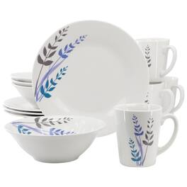 Gibson - Home Blue Leaves 12 Piece Round Fine Ceramic Decorated Dinnerware Set - White