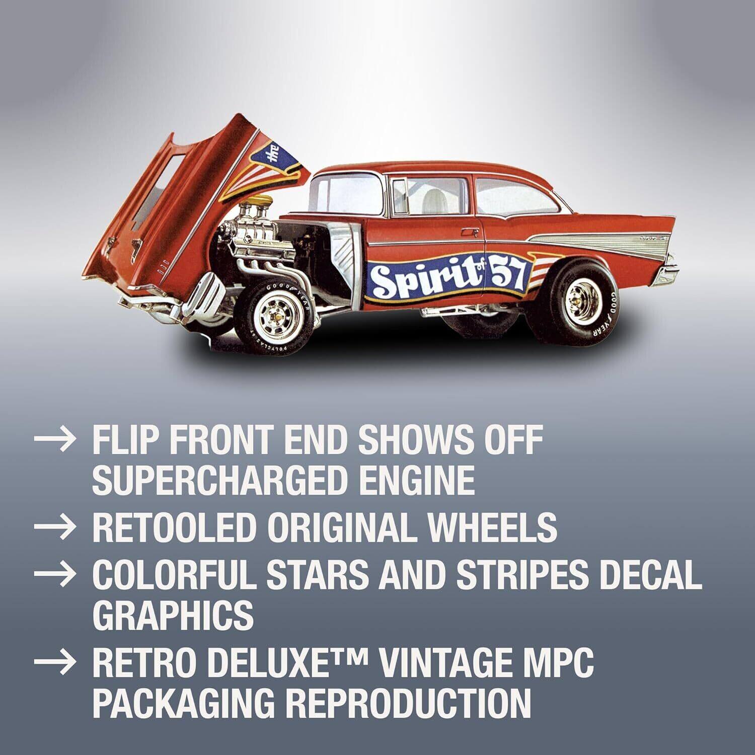 Spirit 57  
57 OEGRENIIS RTESTEA  
GOOD YEAR FLIP FRONT END SHOWS OFF SUPERCHARGED ENGINE  
RETOOLED ORIGINAL WHEELS  
COLORFUL STARS AND STRIPES DECAL GRAPHICS  
RETRO DELUXETM VINTAGE MPC PACKAGING REPRODUCTION
