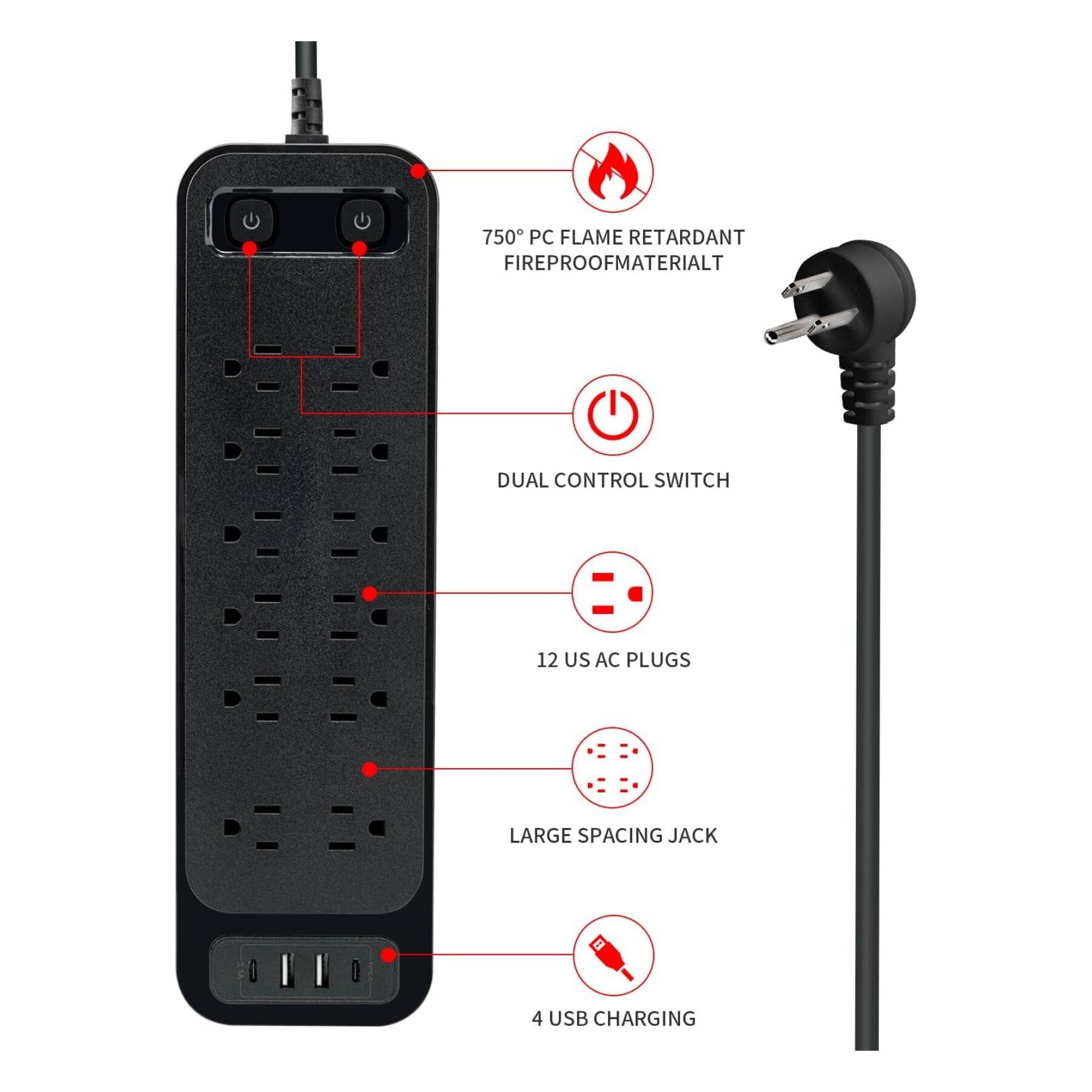 750° PC Flame Retardant Fireproof Material  
Dual Control Switch  
12 US AC Plugs  
Large Spacing Jack  
4 USB Charging