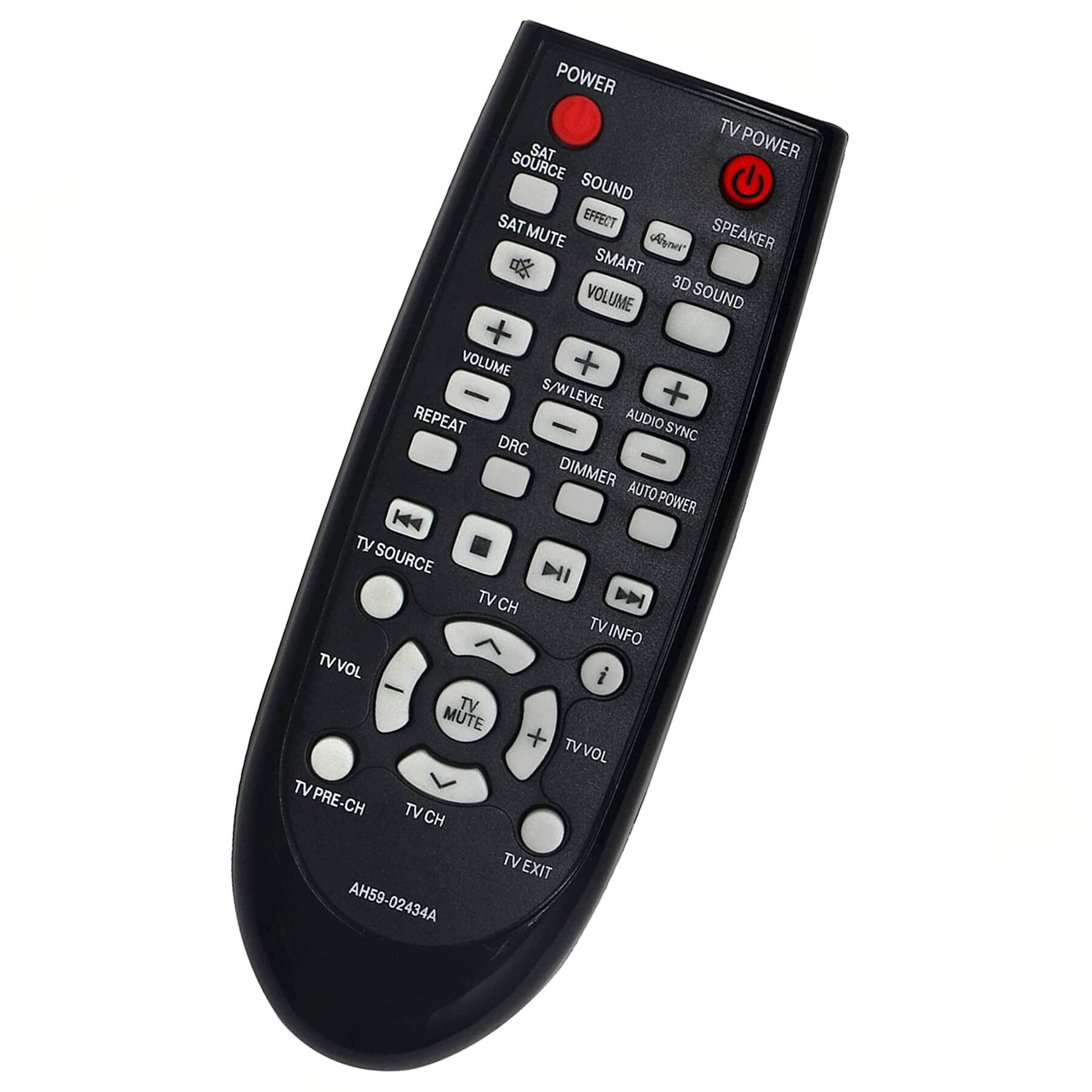 POWER TV SAT POWER SOURCE SOUND SAT EFFECT MUTE Ayne SPEAKER SMART 3D VOLUME SOUND + VOLUME + S/WLEVEL + REPEAT - AUDIO SYNC DRC DIMMER AUTO POWER K4 SOURCE II TV CH DN TV INFO TVVOL TV i TV MUTE + TV VOL TV PRE-CH TV CH AH59-02434A TV EXIT