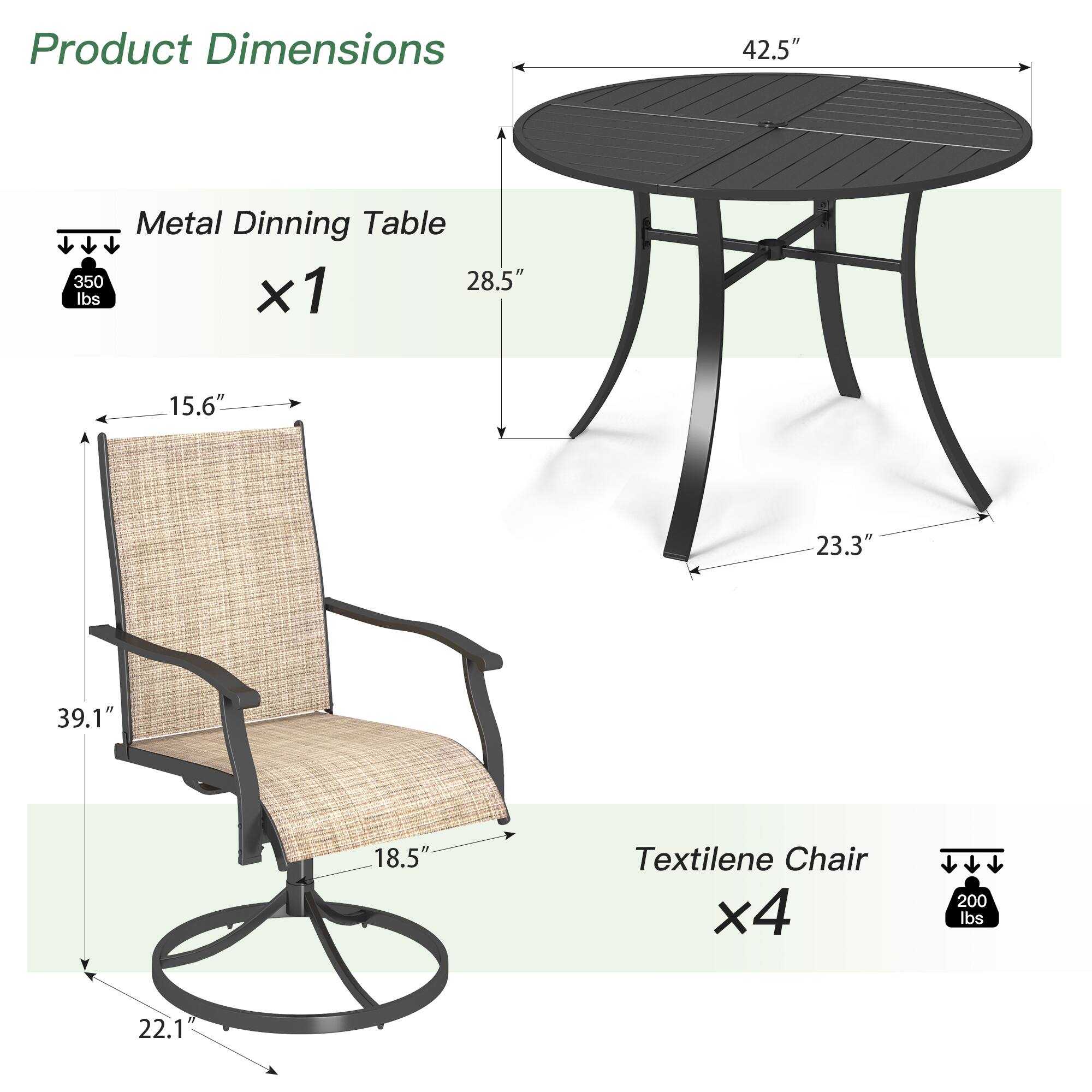 Product Dimensions

Metal Dining Table  
x1  
350 lbs  
42.5"  
28.5"  
23.3"  

Textilene Chair  
x4  
200 lbs  
39.1"  
18.5"  
22.1"  
15.6"