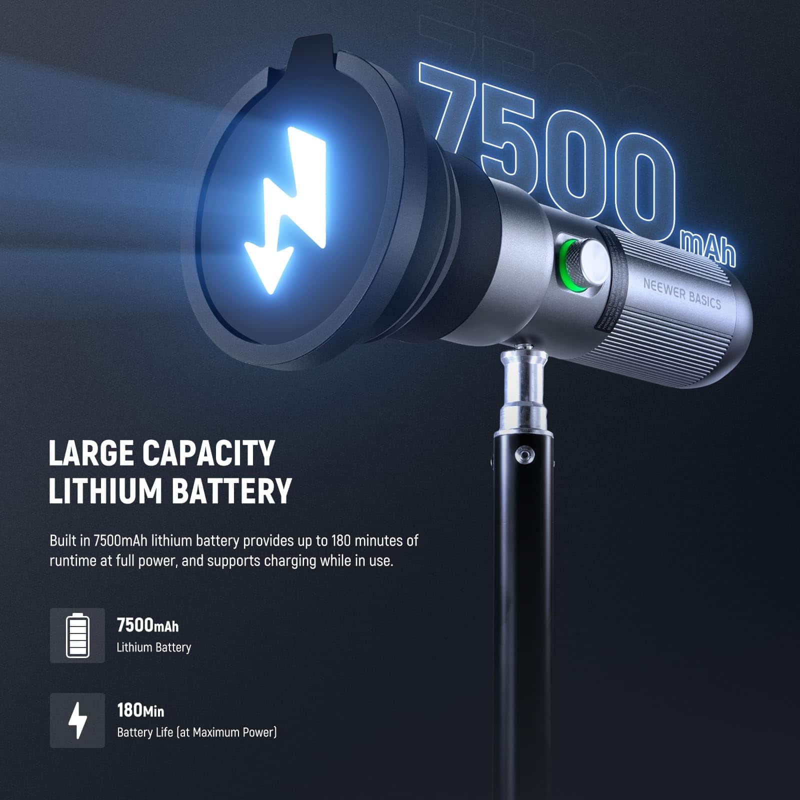 7500 mAh NEENER BASICS LARGE CAPACITY LITHIUM BATTERY

Built in 7500mAh lithium battery provides up to 180 minutes of runtime at full power, and supports charging while in use.

7500mAh Lithium Battery
180Min Battery Life (at Maximum Power)