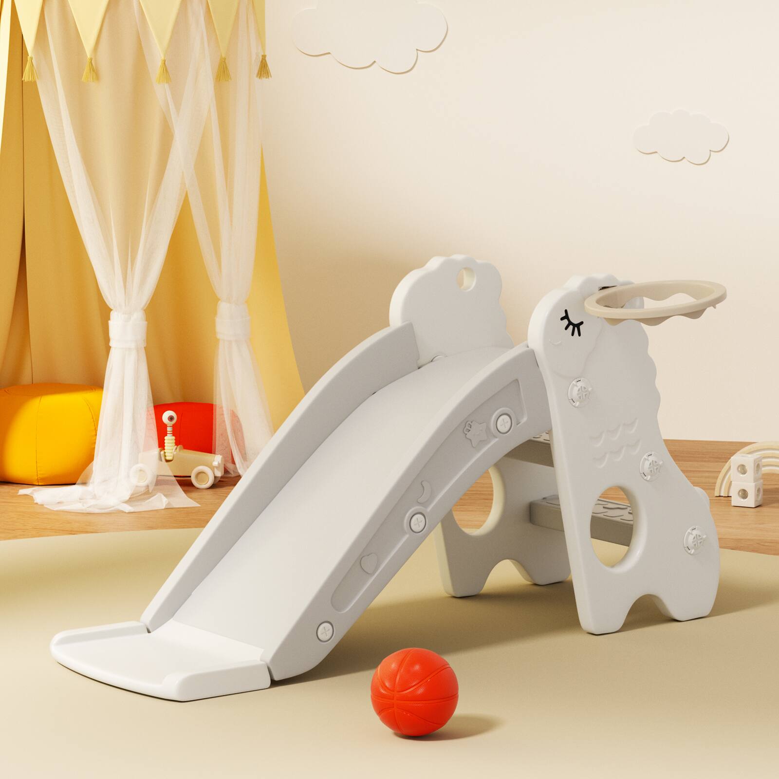 Alt View 6. Topteng - 3-in-1 Foldable Toddler Slide with Climber & Basketball Hoop - Pink.