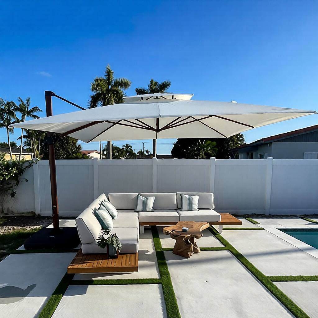 Angle. PURPLE LEAF - 11 ft. Patio Square Outdoor Large Cantilever Umbrella Windproof Offset Heavy Duty Sun Umbrella with Base for Garden - Cream.