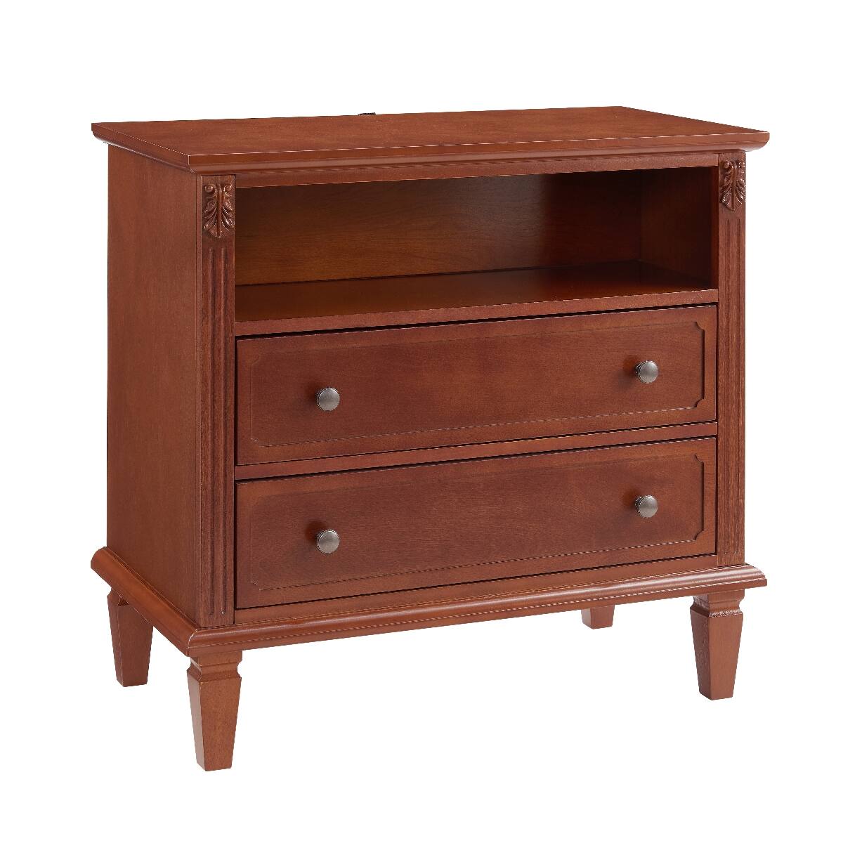 Alt View 4. Loheer - Loheer Nightstand With Charging Station, Walnut Two Drawer Bedside Table With Open Shelf - Walnut.