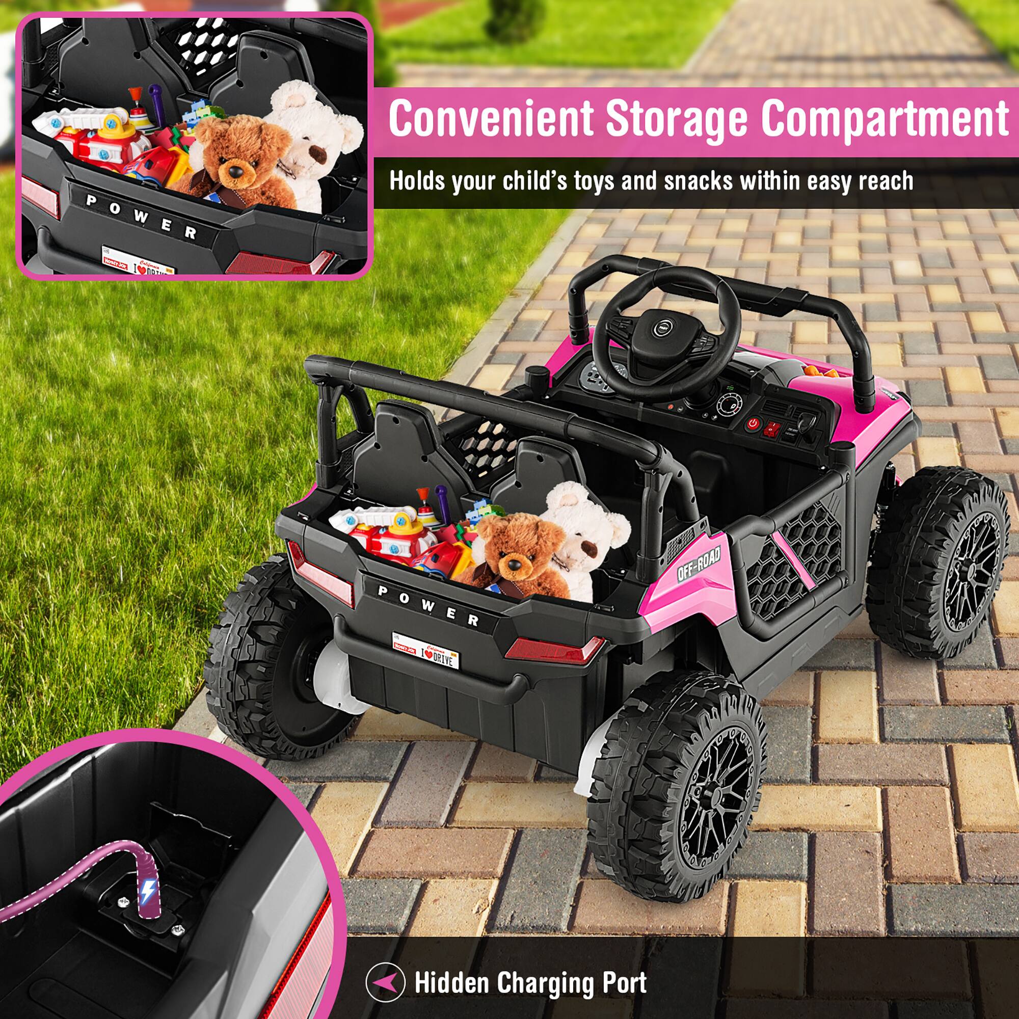 Convenient Storage Compartment  
Holds your child's toys and snacks within easy reach  

Hidden Charging Port