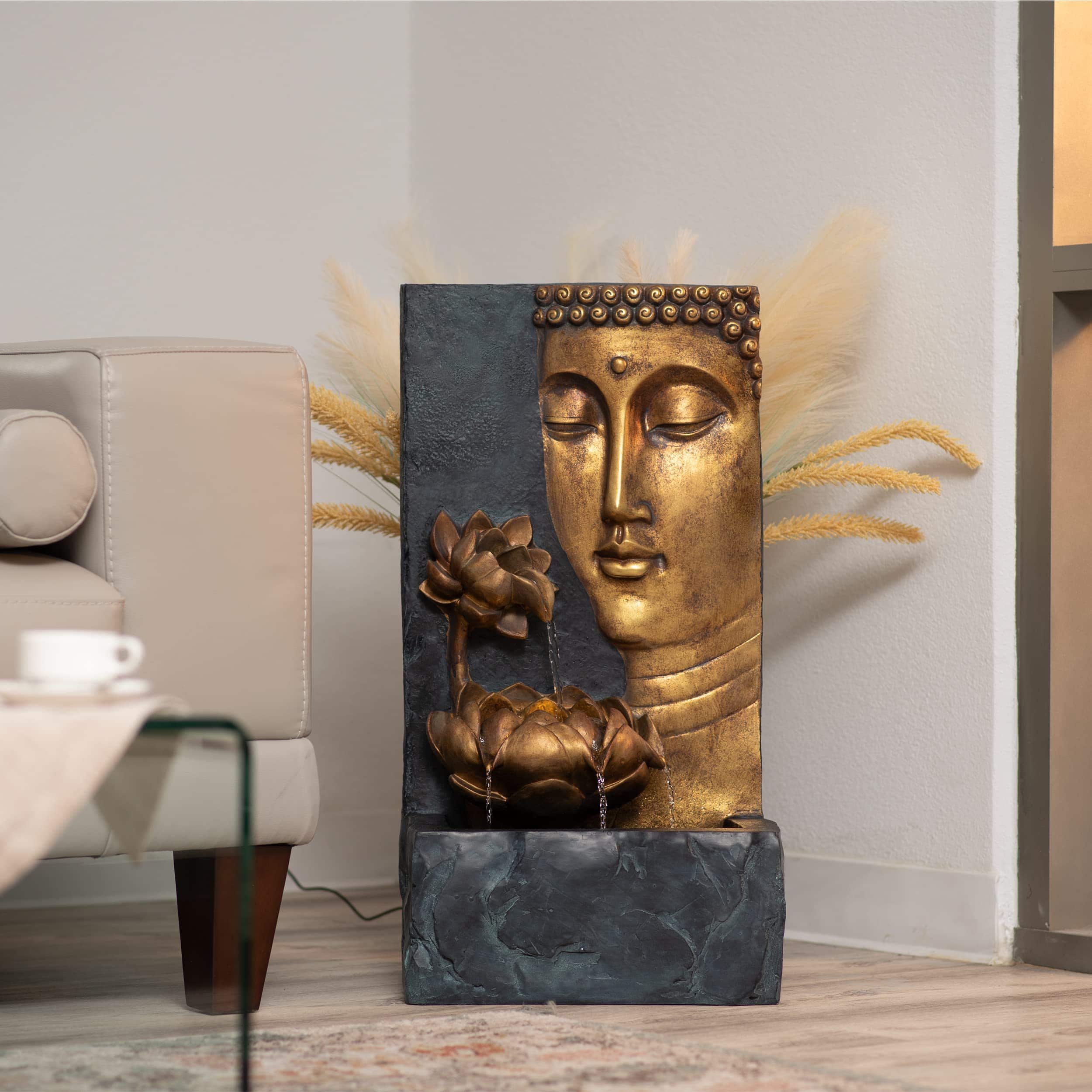 Refined Abode Design - 30 H Zen Buddha Face Water Fountain W led Light & Pump Indoor outdoor Freestanding Relaxing Decor Bronze And