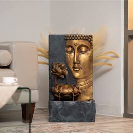 Refined Abode Design - 30 H Zen Buddha Face Water Fountain W led Light & Pump Indoor outdoor Freestanding Relaxing Decor Bronze And