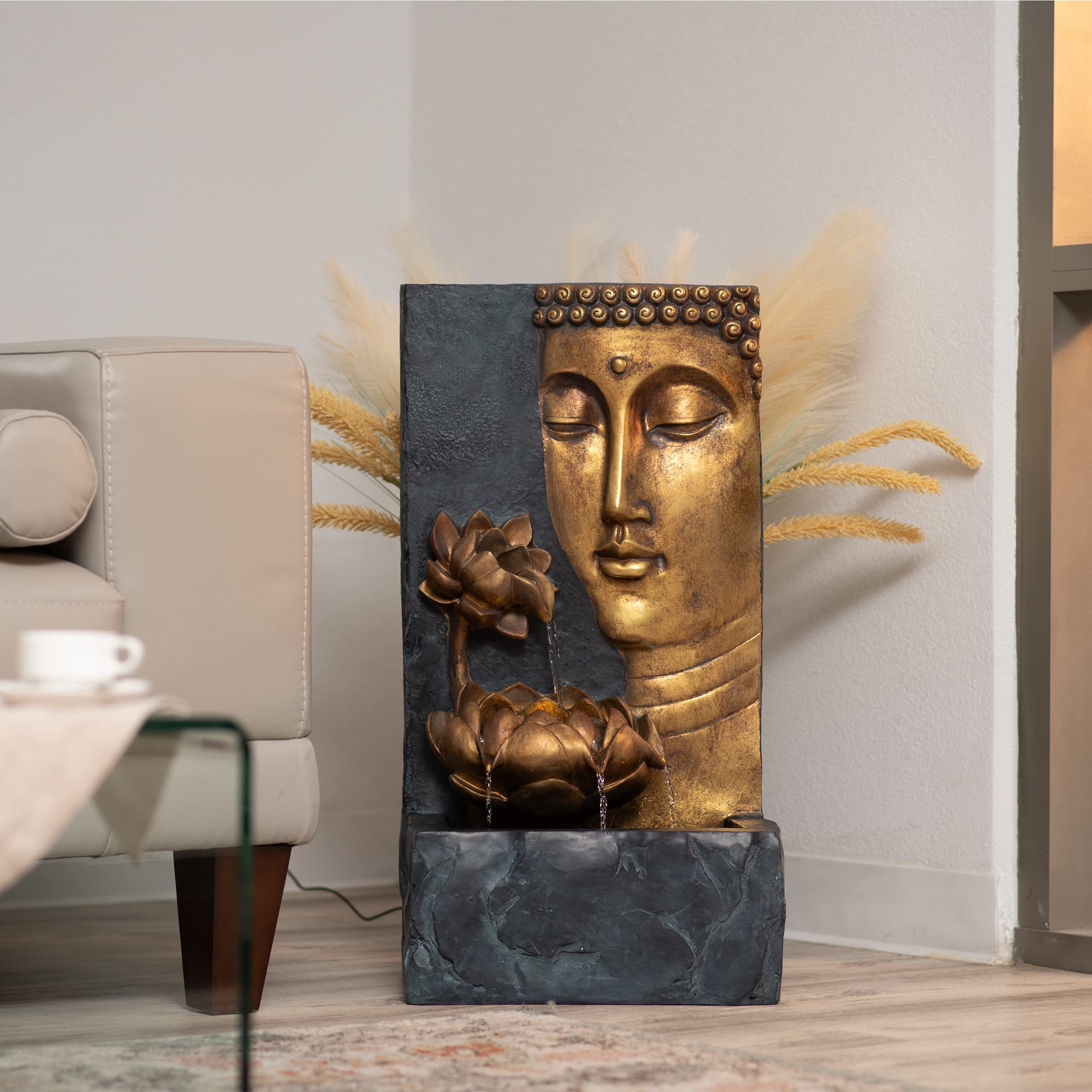 Front. Refined Abode Design - 30 H Zen Buddha Face Water Fountain W led Light & Pump Indoor outdoor Freestanding Relaxing Decor Bronze And.