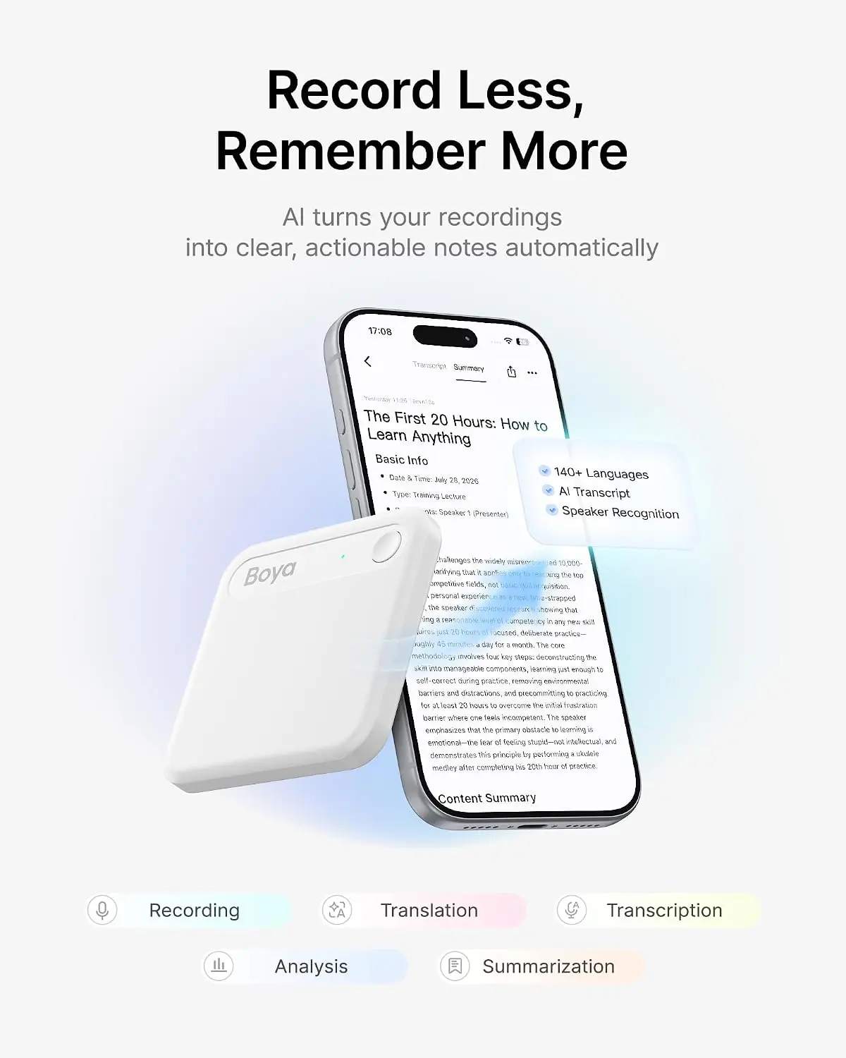 Record Less, Remember More

AI turns your recordings into clear, actionable notes automatically

17:08

Transcript Summary

The First 20 Hours: How to Learn Anything
Basic Info
Date & Time: July 26, 2020
Type: Training
Lecture ARK
Speaker (Presenter): Boya

challenges the widely misperceived belief that it takes years of dedicated practice to become an expert in any field, not personal experience or innate talent. The speaker shares his own experience of learning a new skill in just 20 hours of focused, deliberate practice over 45 minutes a day for a month. The core methodology involves four key steps: deconstructing the skill into manageable components, learning just enough to self-correct during practice, removing environmental barriers and distractions, and precommitting to practicing for 20 hours to overcome the initial frustration barrier where one feels incompetent. The speaker emphasizes that the primary obstacle to learning is emotional—fear of feeling stupid—not intellectual, and demonstrates this principle by performing a ukulele medley after completing his 20th hour of practice.

Content Summary

140+ Languages
AI Transcript
Speaker Recognition

Recording
Translation
Transcription
